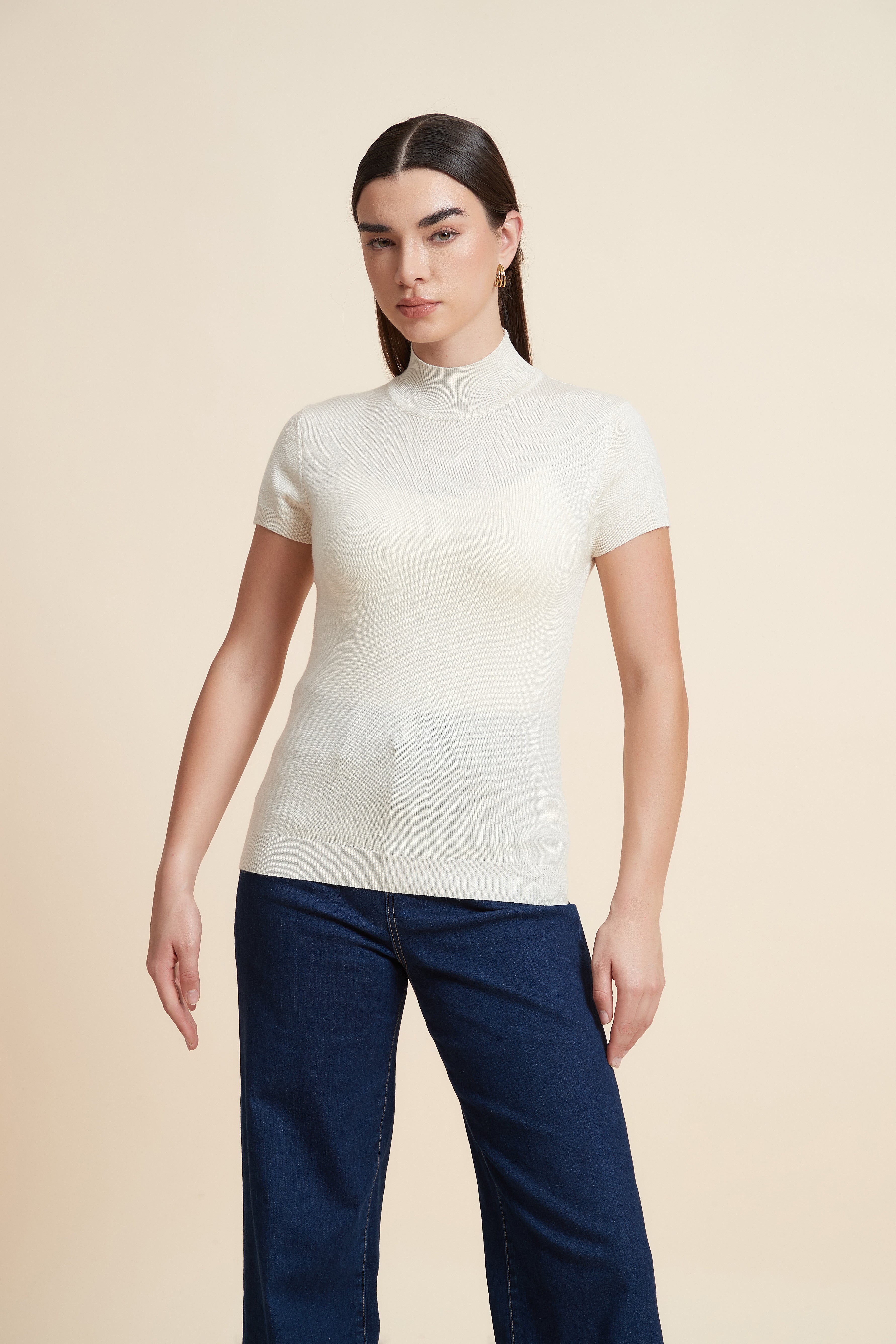 Solid Color High Neck Short Sleeve Blouse