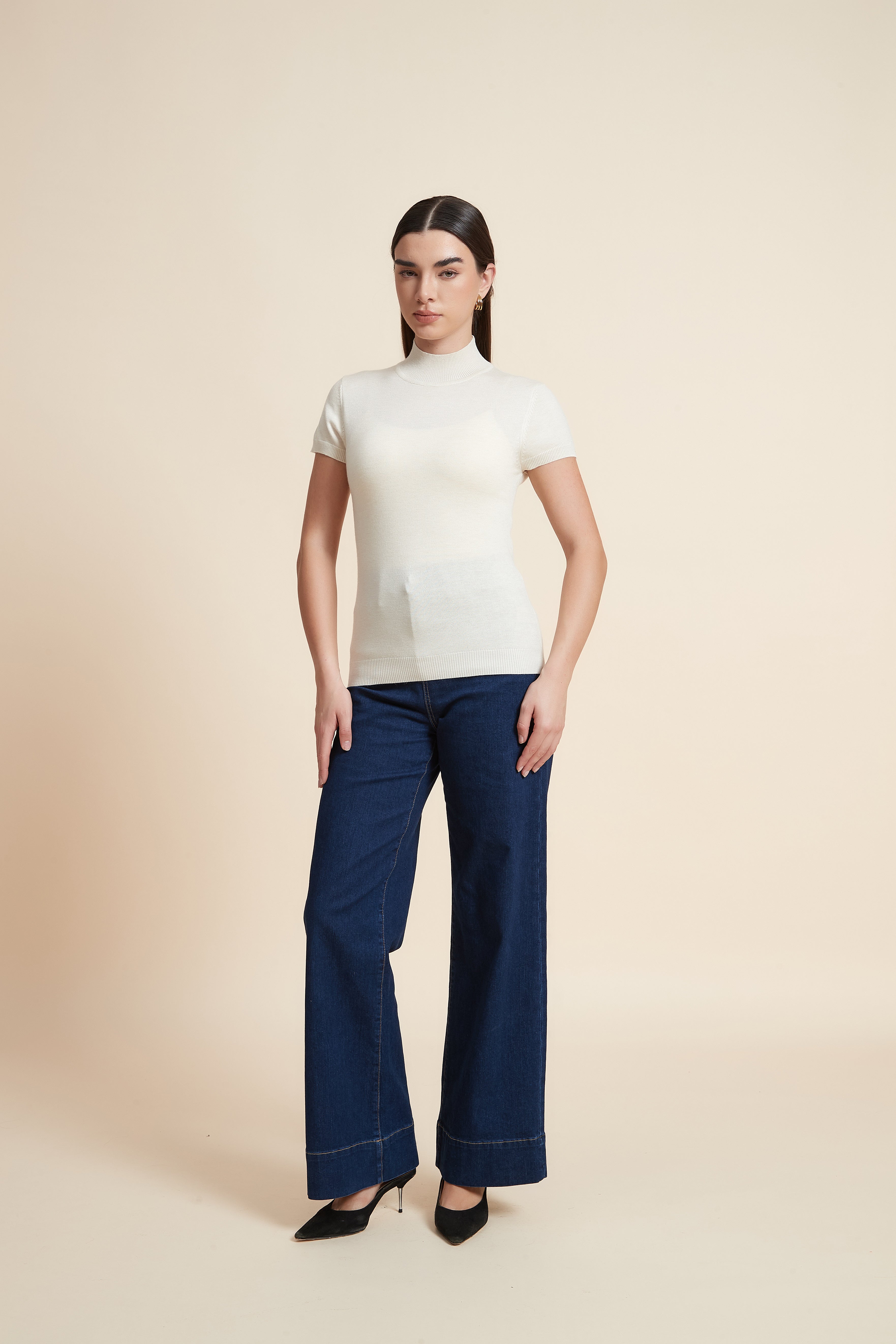 Solid Color High Neck Short Sleeve Blouse