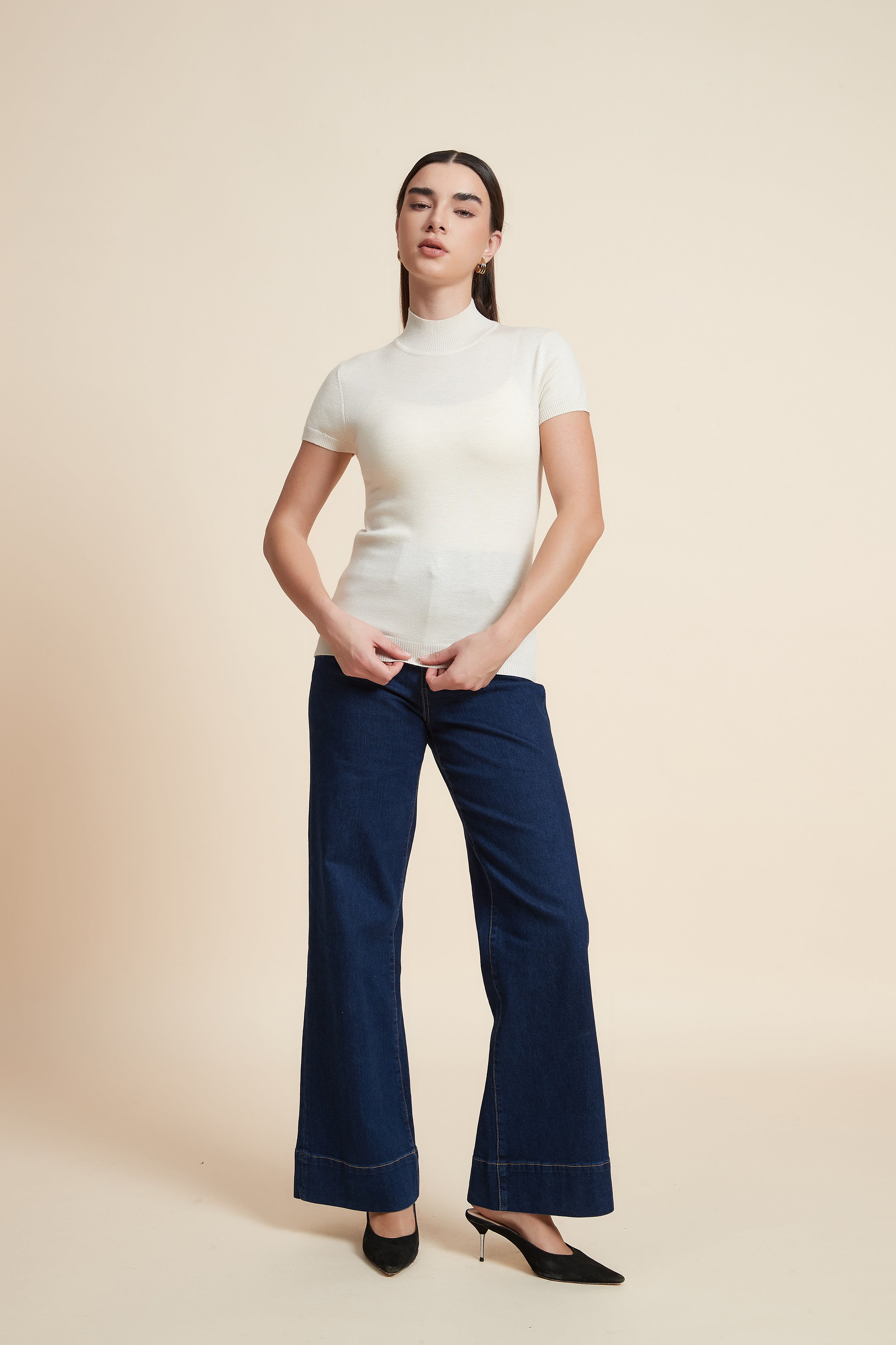 Solid Color High Neck Short Sleeve Blouse