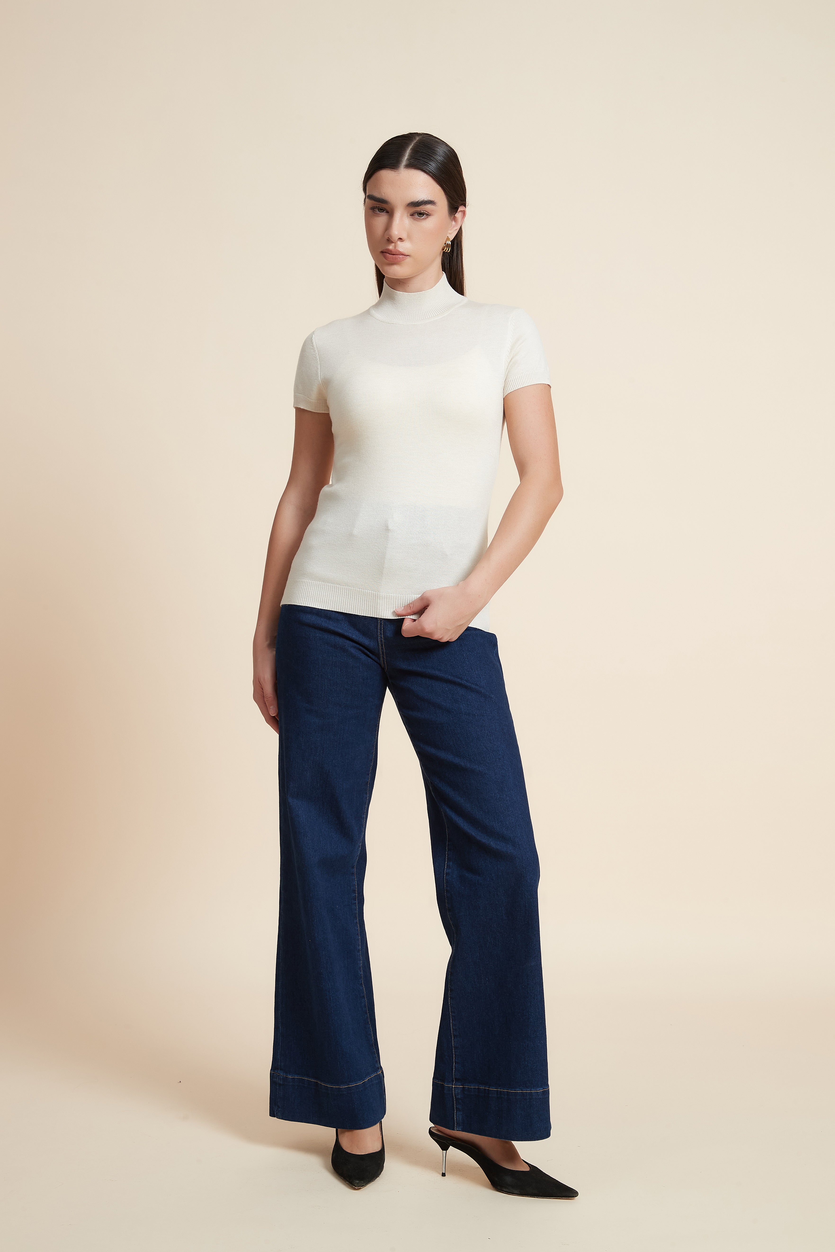 Solid Color High Neck Short Sleeve Blouse