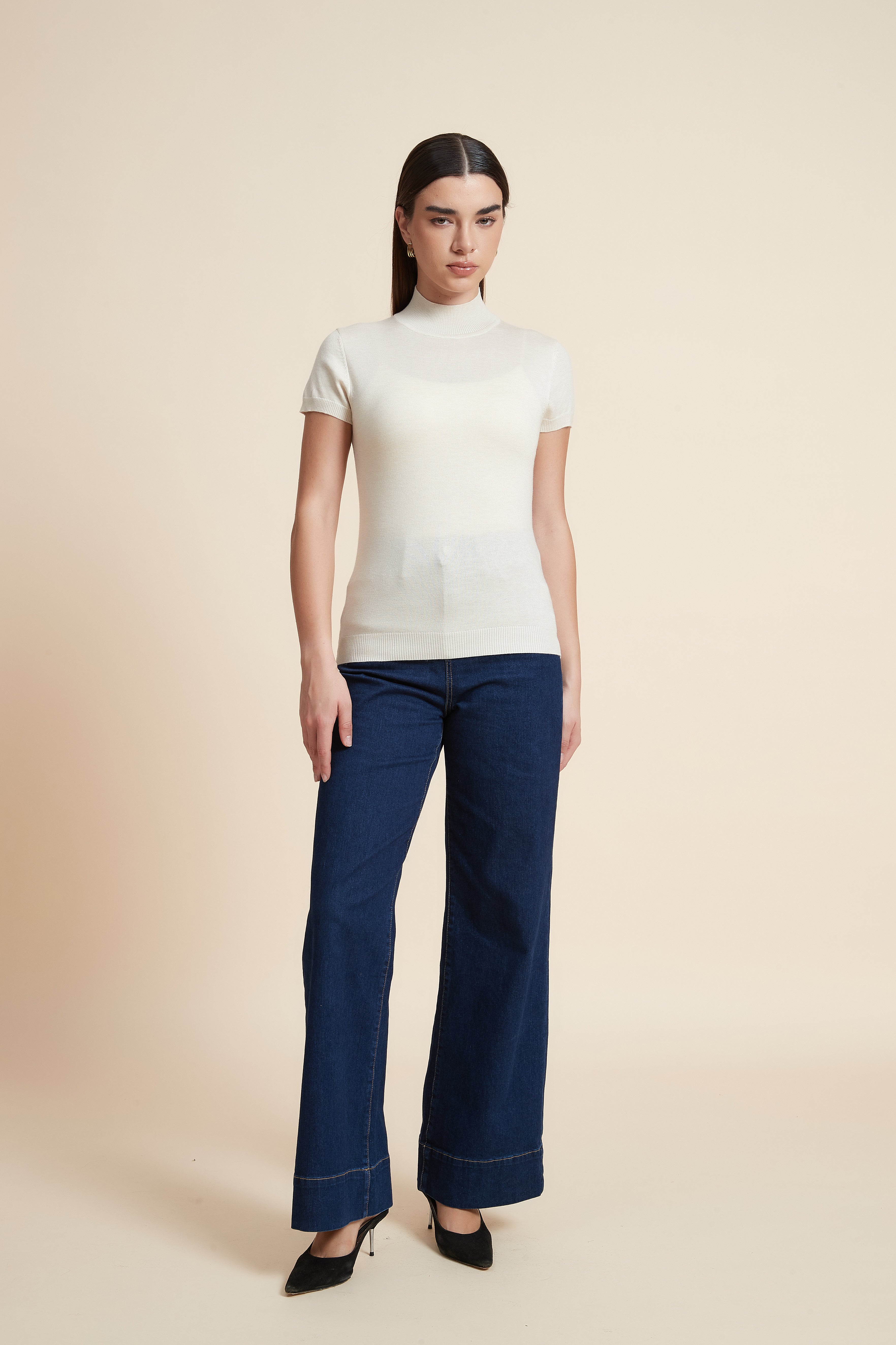 Solid Color High Neck Short Sleeve Blouse