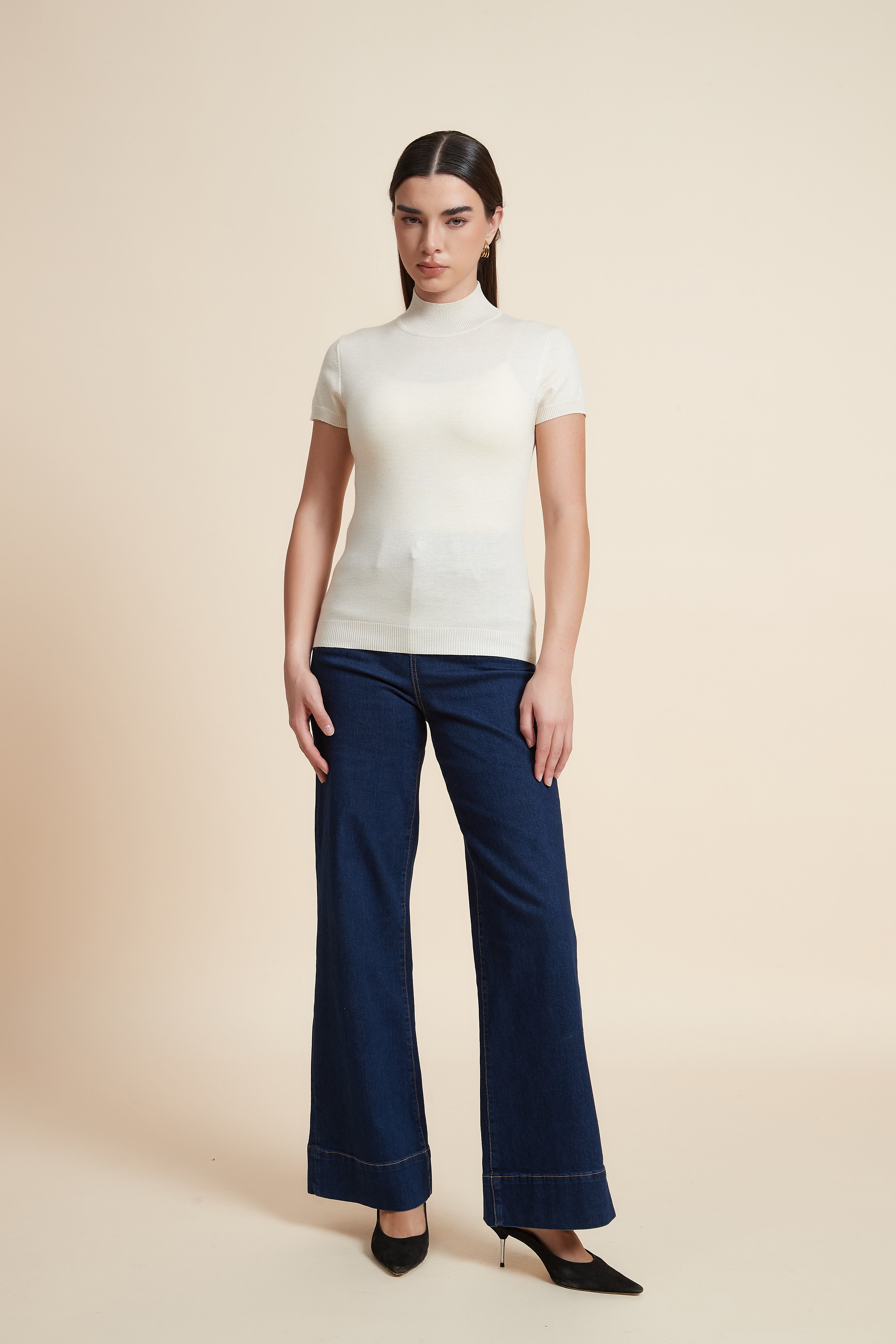 Solid Color High Neck Short Sleeve Blouse