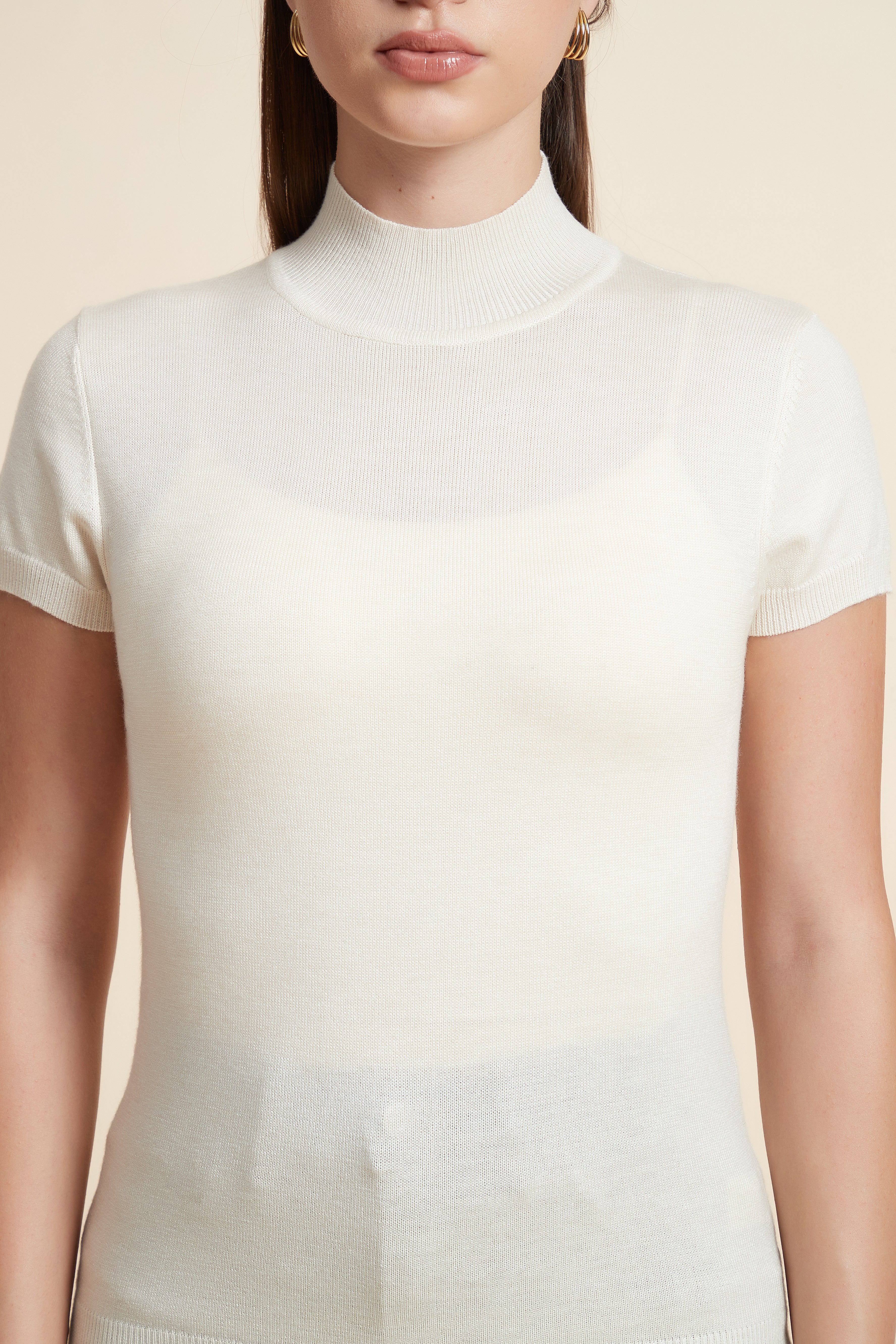 Solid Color High Neck Short Sleeve Blouse