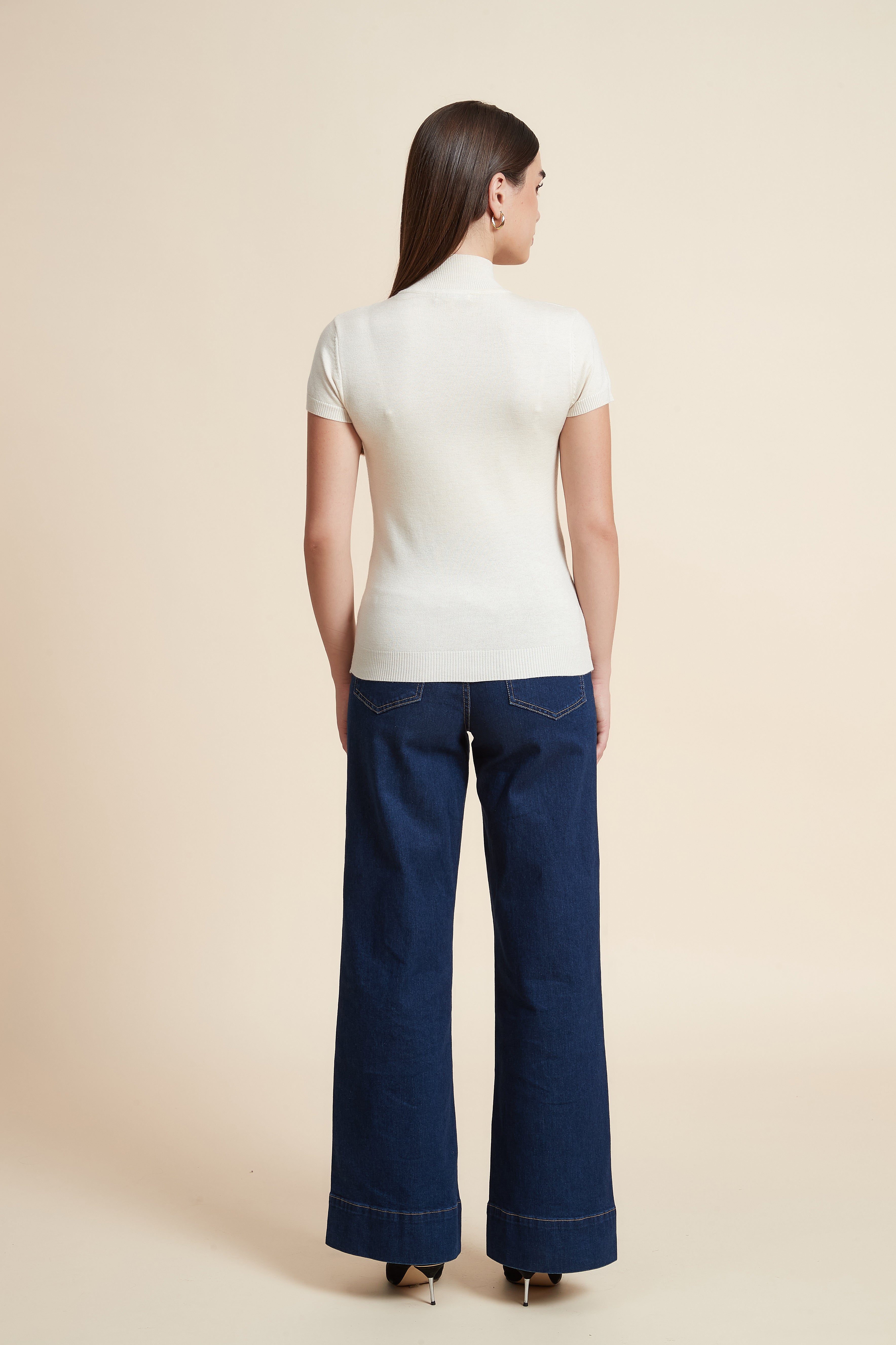 Solid Color High Neck Short Sleeve Blouse