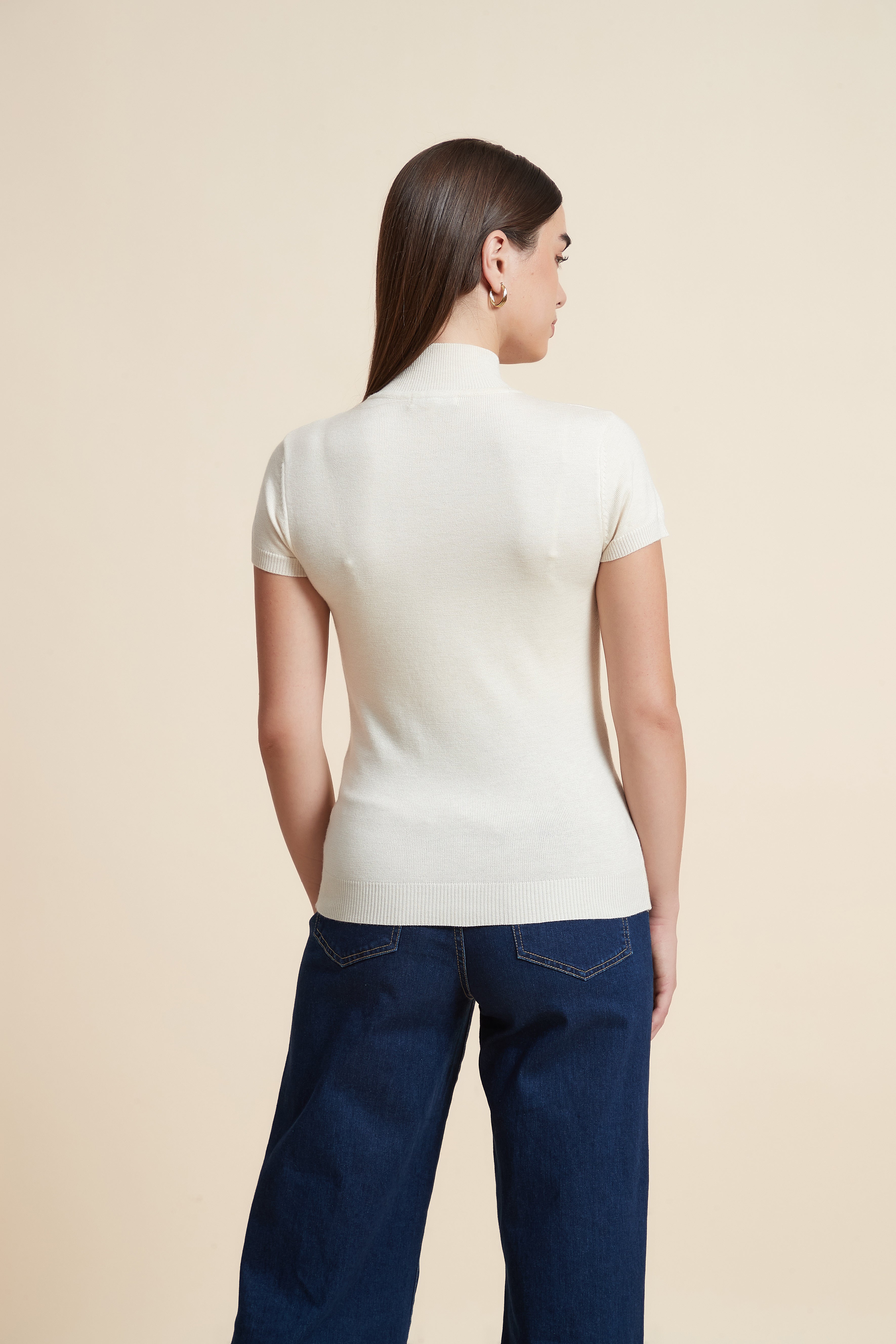 Solid Color High Neck Short Sleeve Blouse