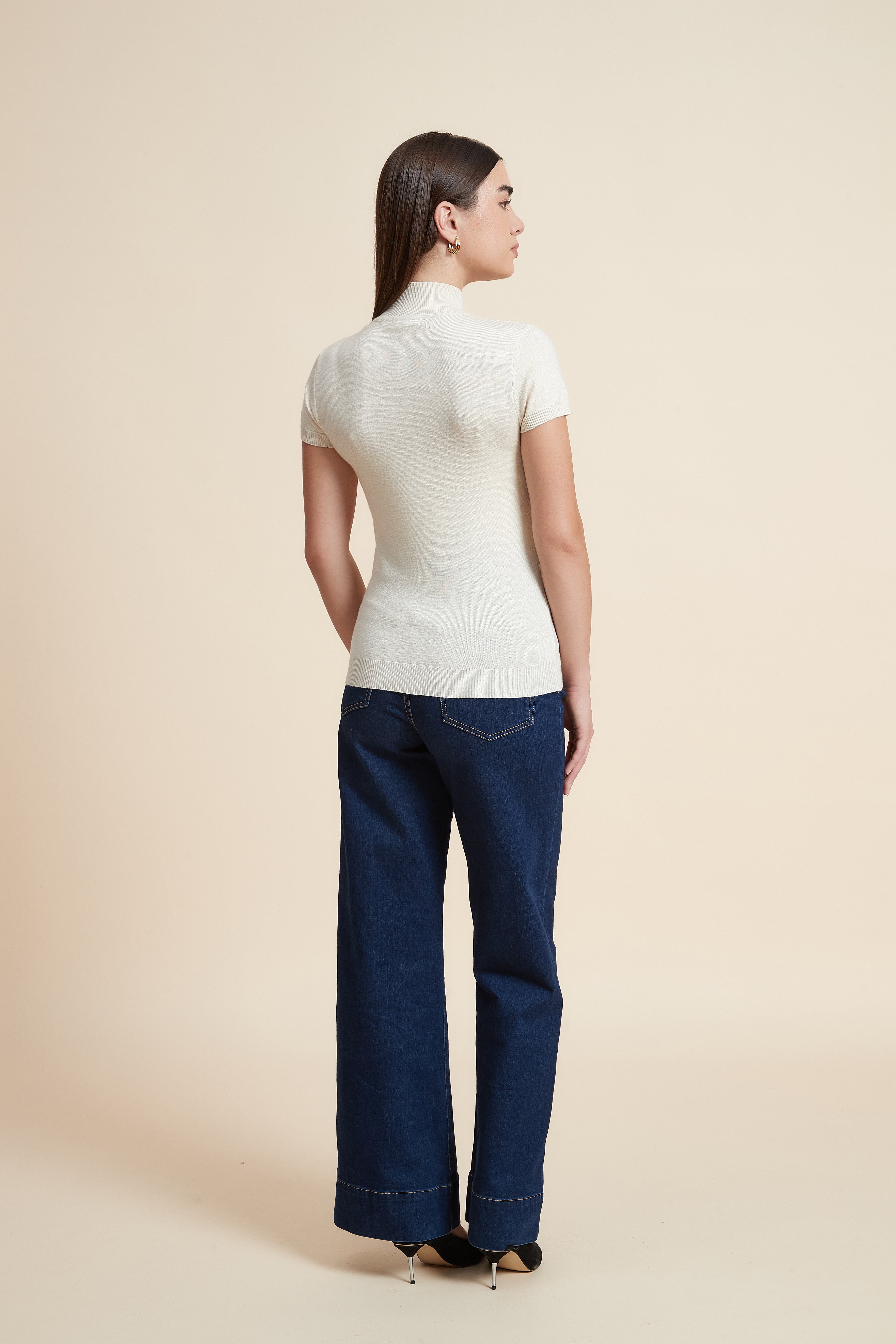 Solid Color High Neck Short Sleeve Blouse