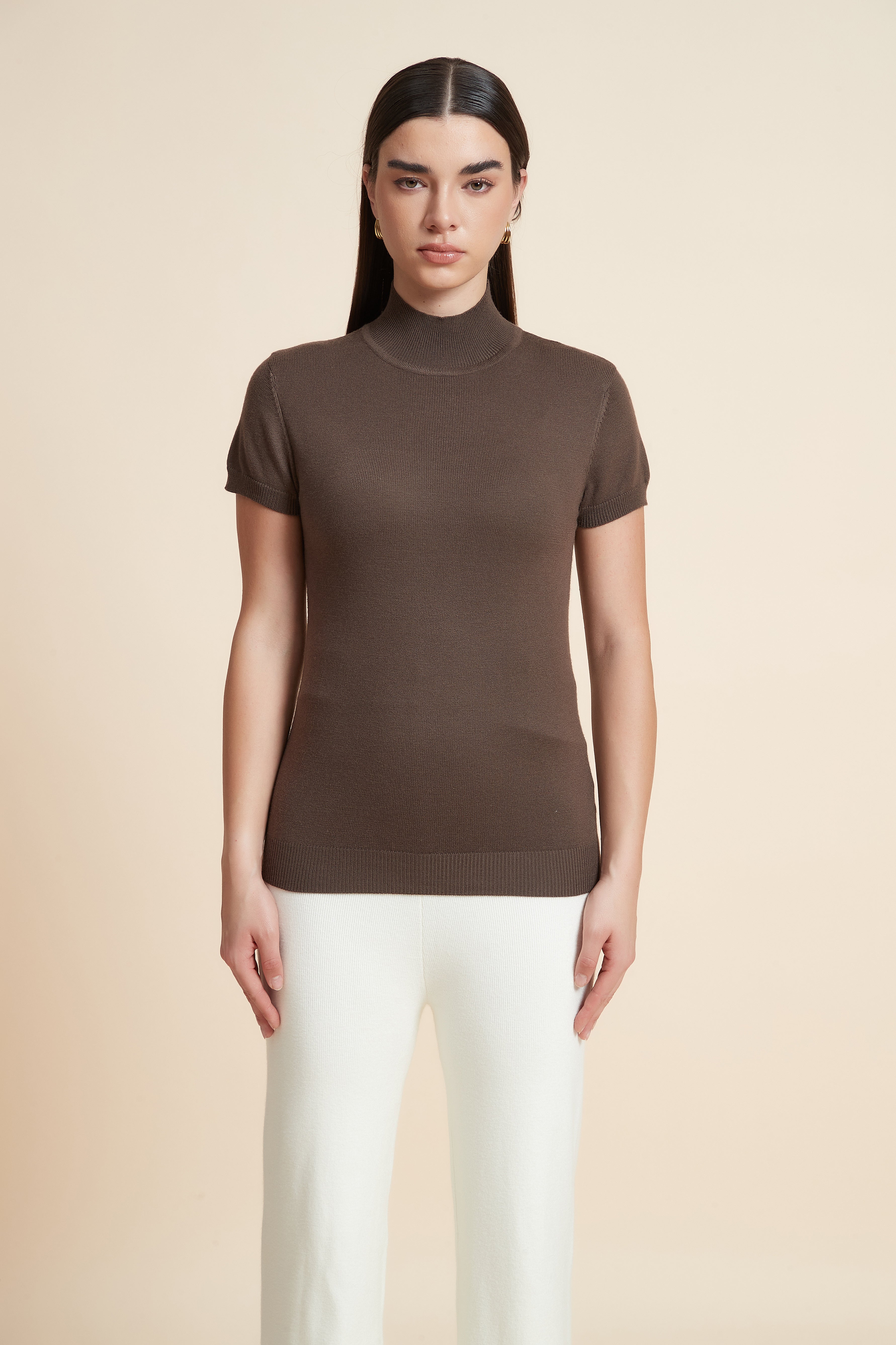 Solid Color High Neck Short Sleeve Blouse