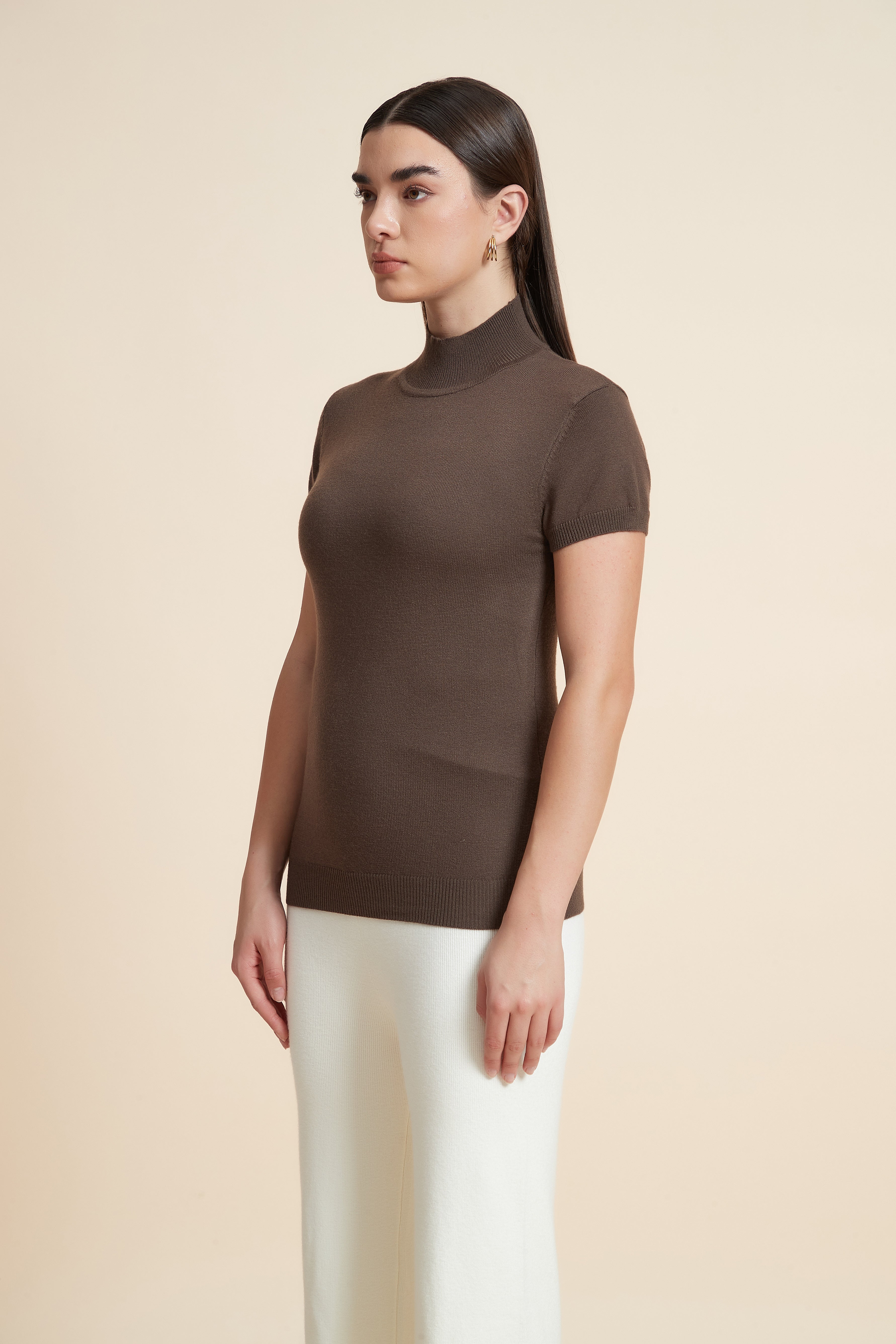 Solid Color High Neck Short Sleeve Blouse