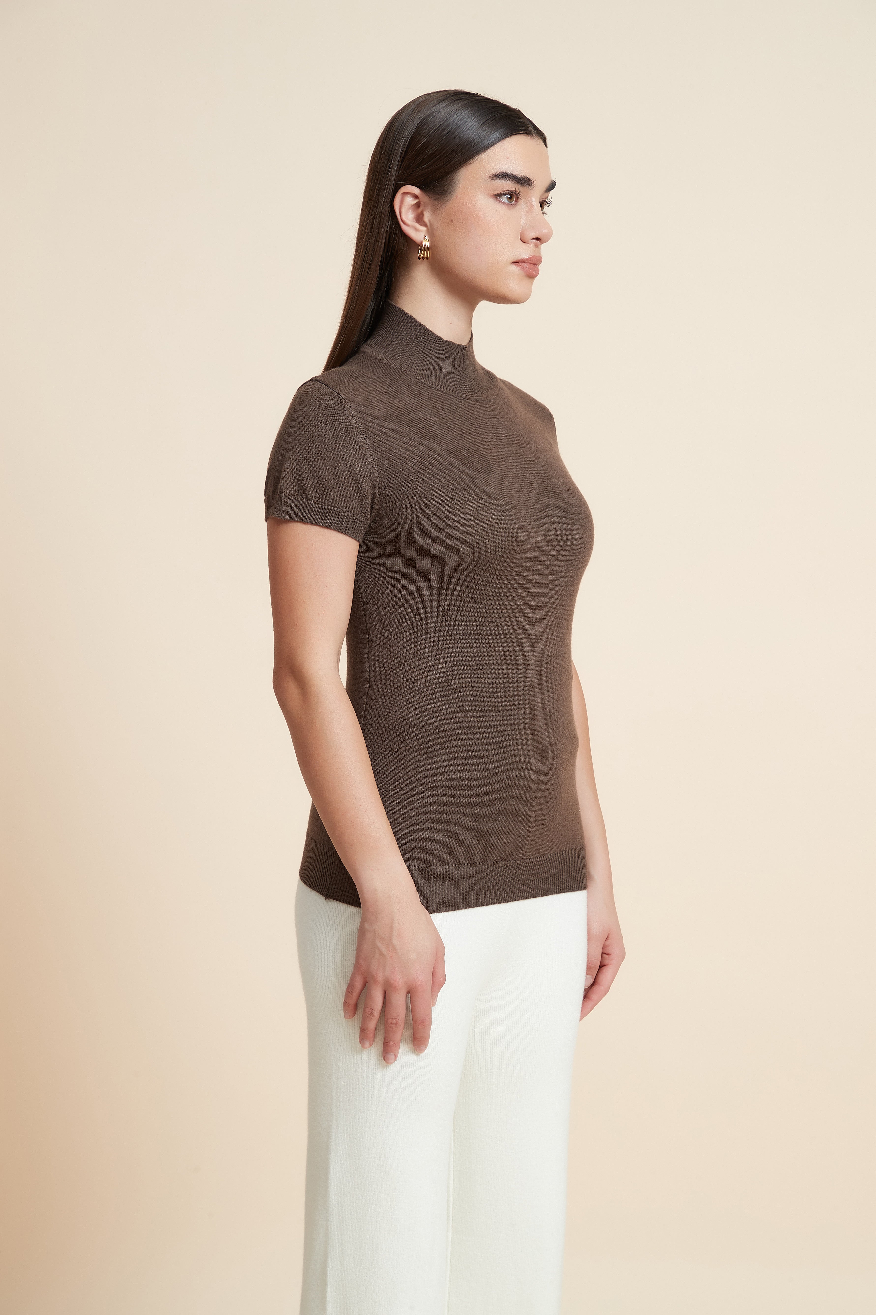 Solid Color High Neck Short Sleeve Blouse