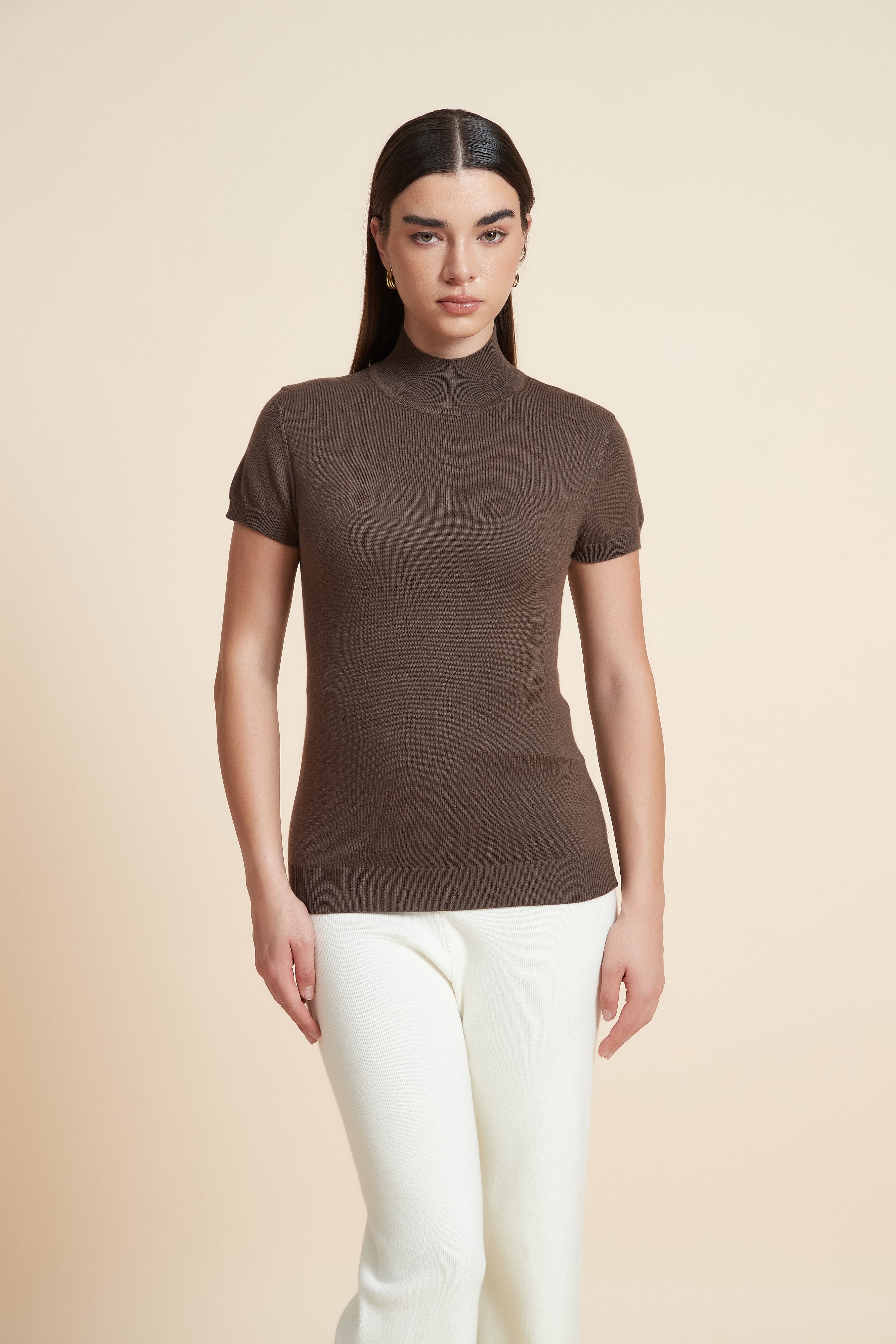 Solid Color High Neck Short Sleeve Blouse