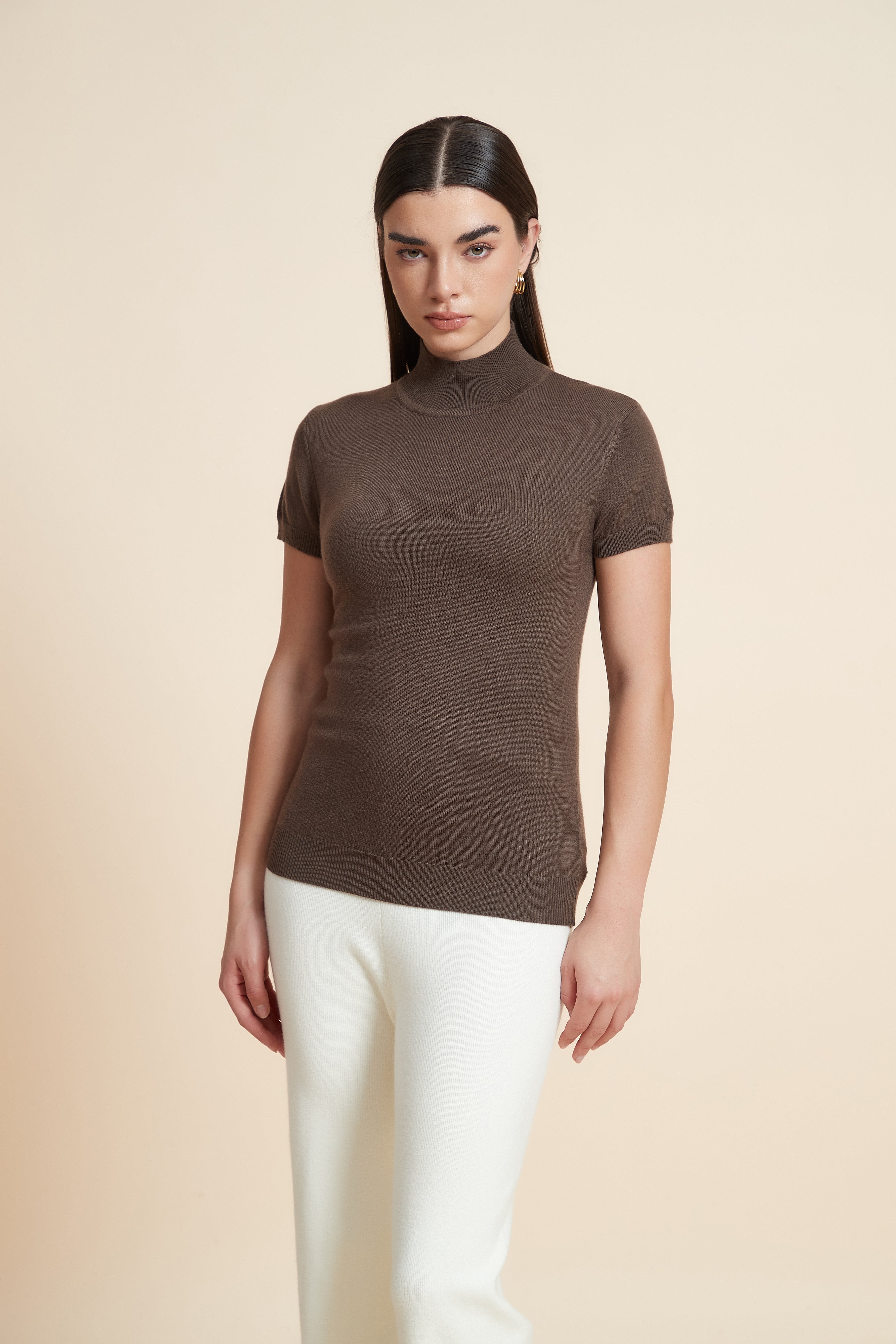 Solid Color High Neck Short Sleeve Blouse