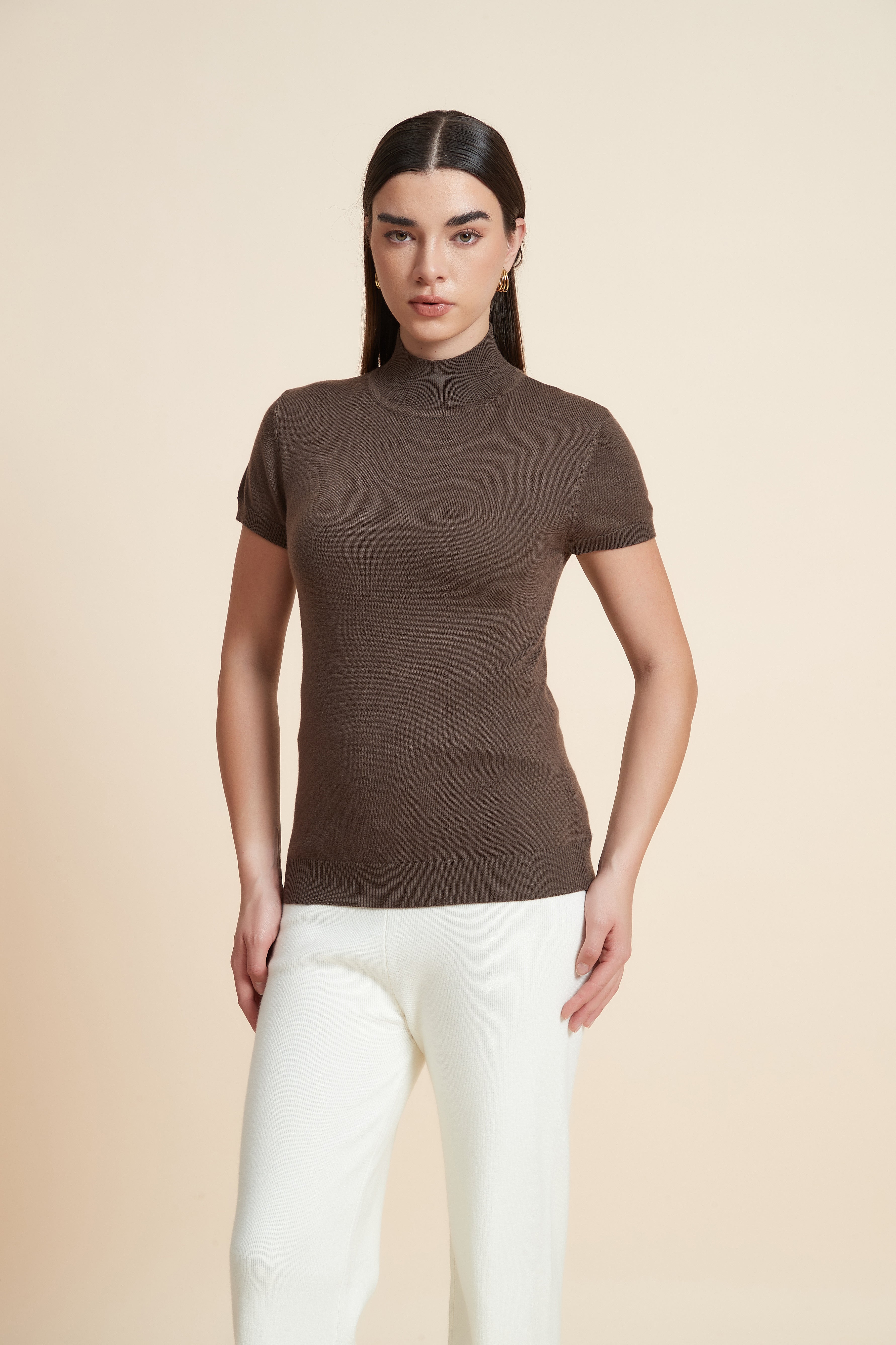 Solid Color High Neck Short Sleeve Blouse