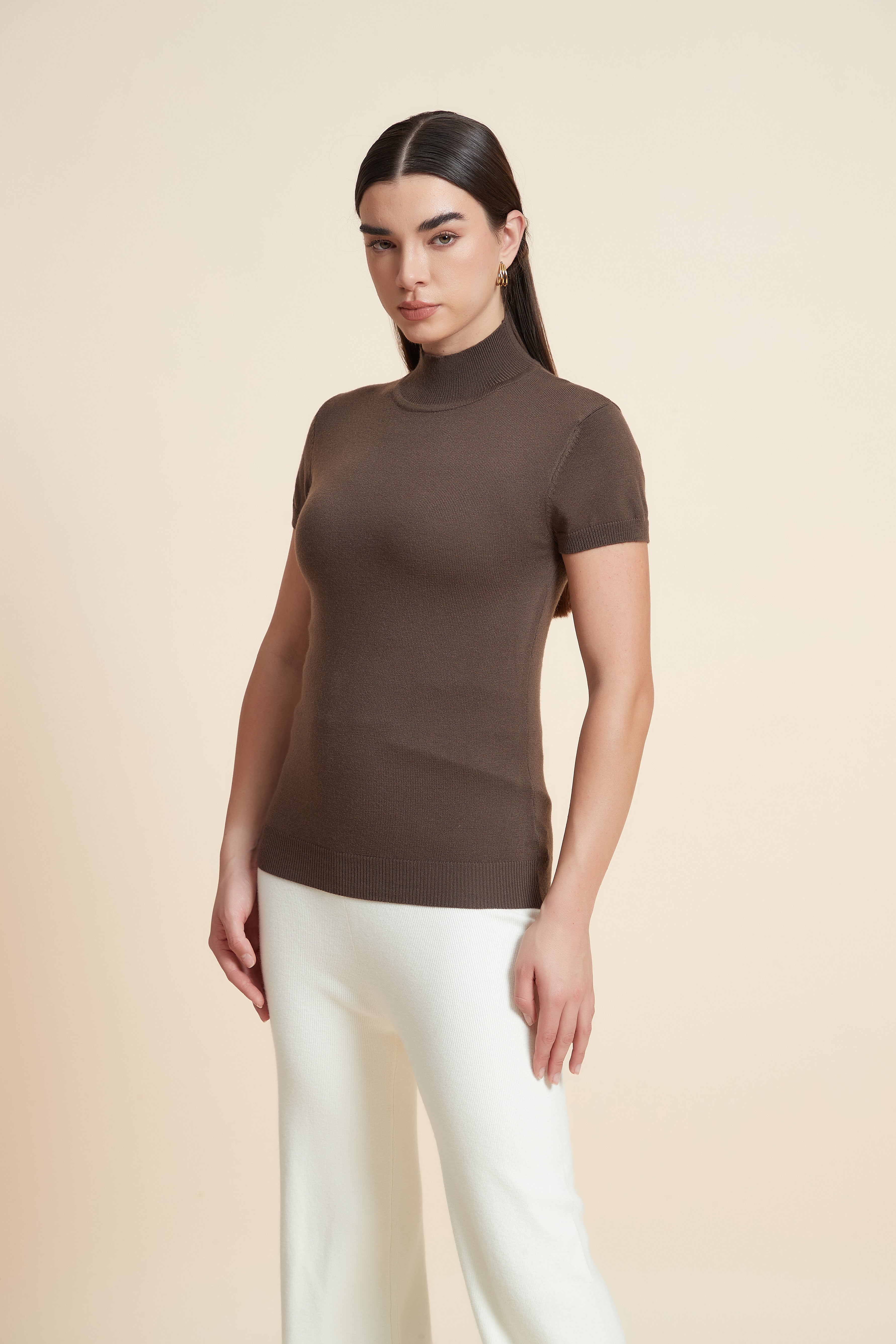 Solid Color High Neck Short Sleeve Blouse