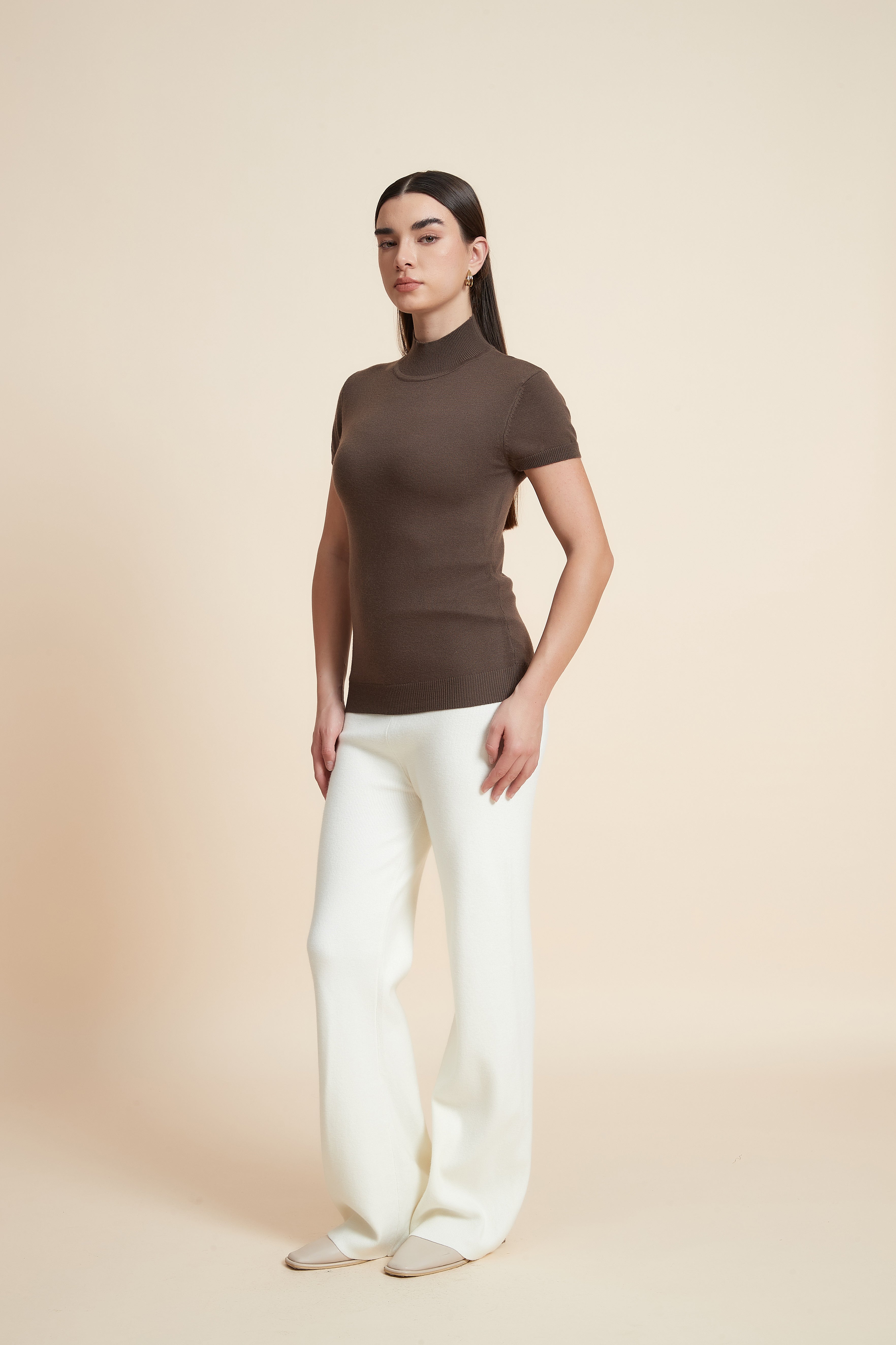 Solid Color High Neck Short Sleeve Blouse