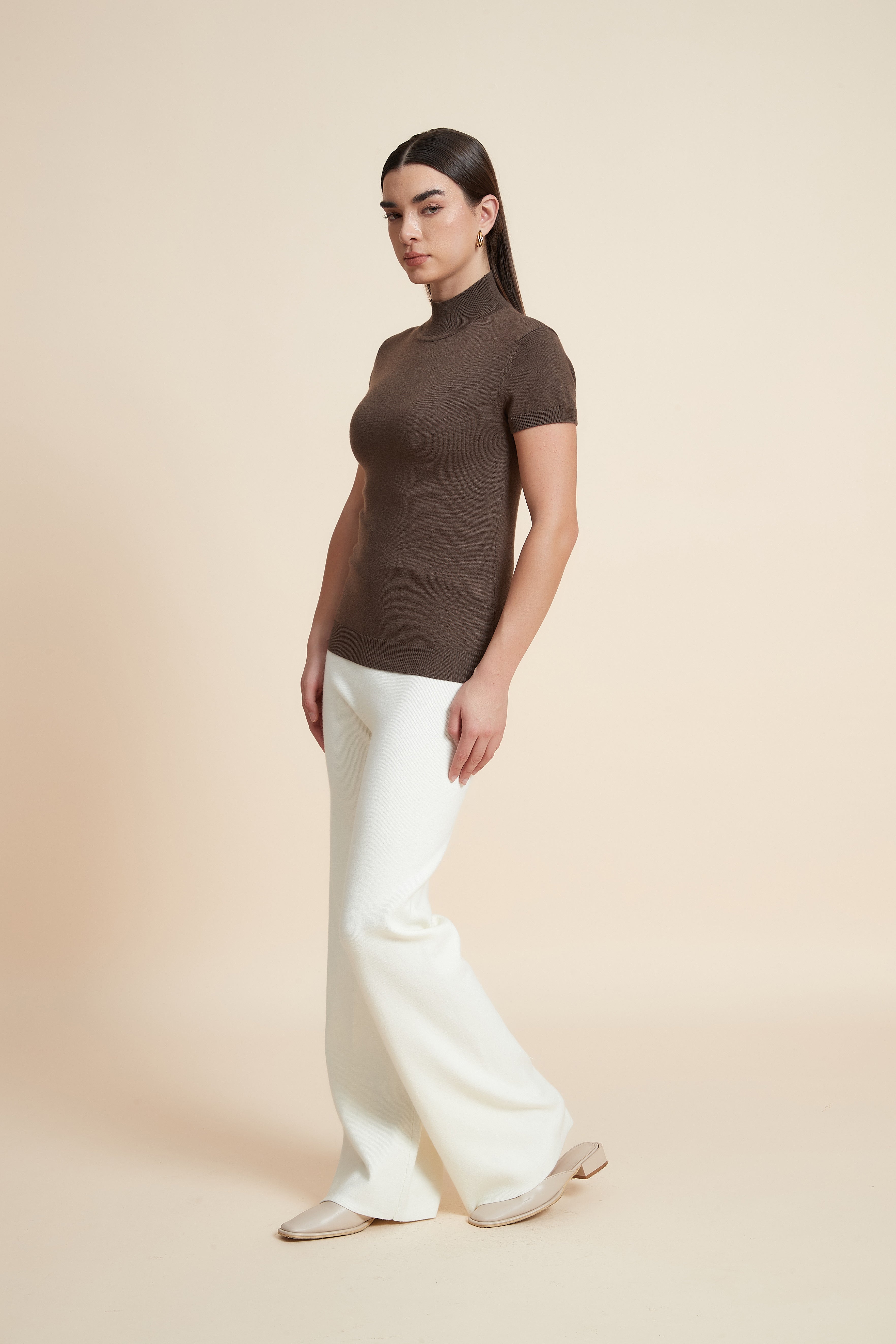 Solid Color High Neck Short Sleeve Blouse