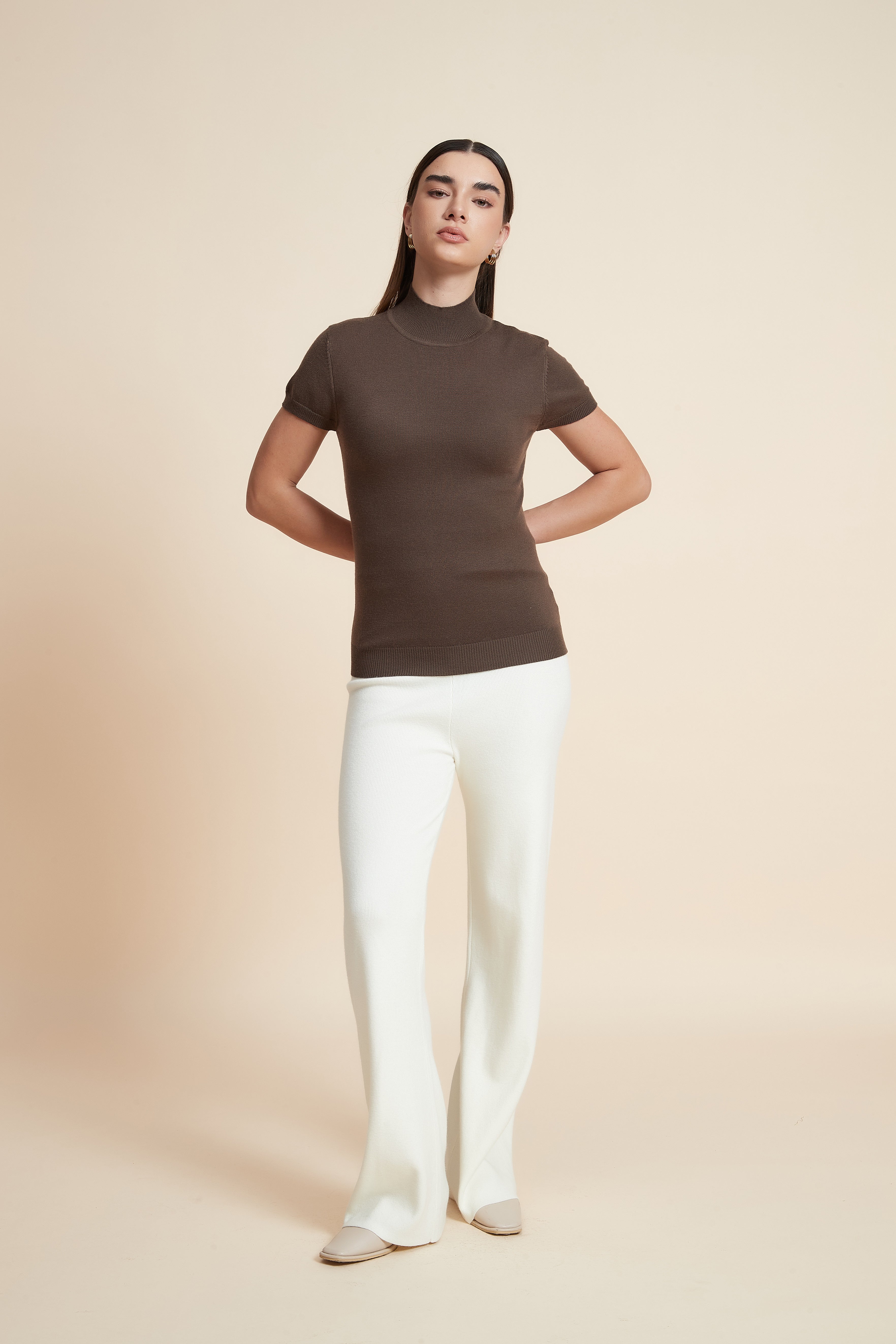 Solid Color High Neck Short Sleeve Blouse