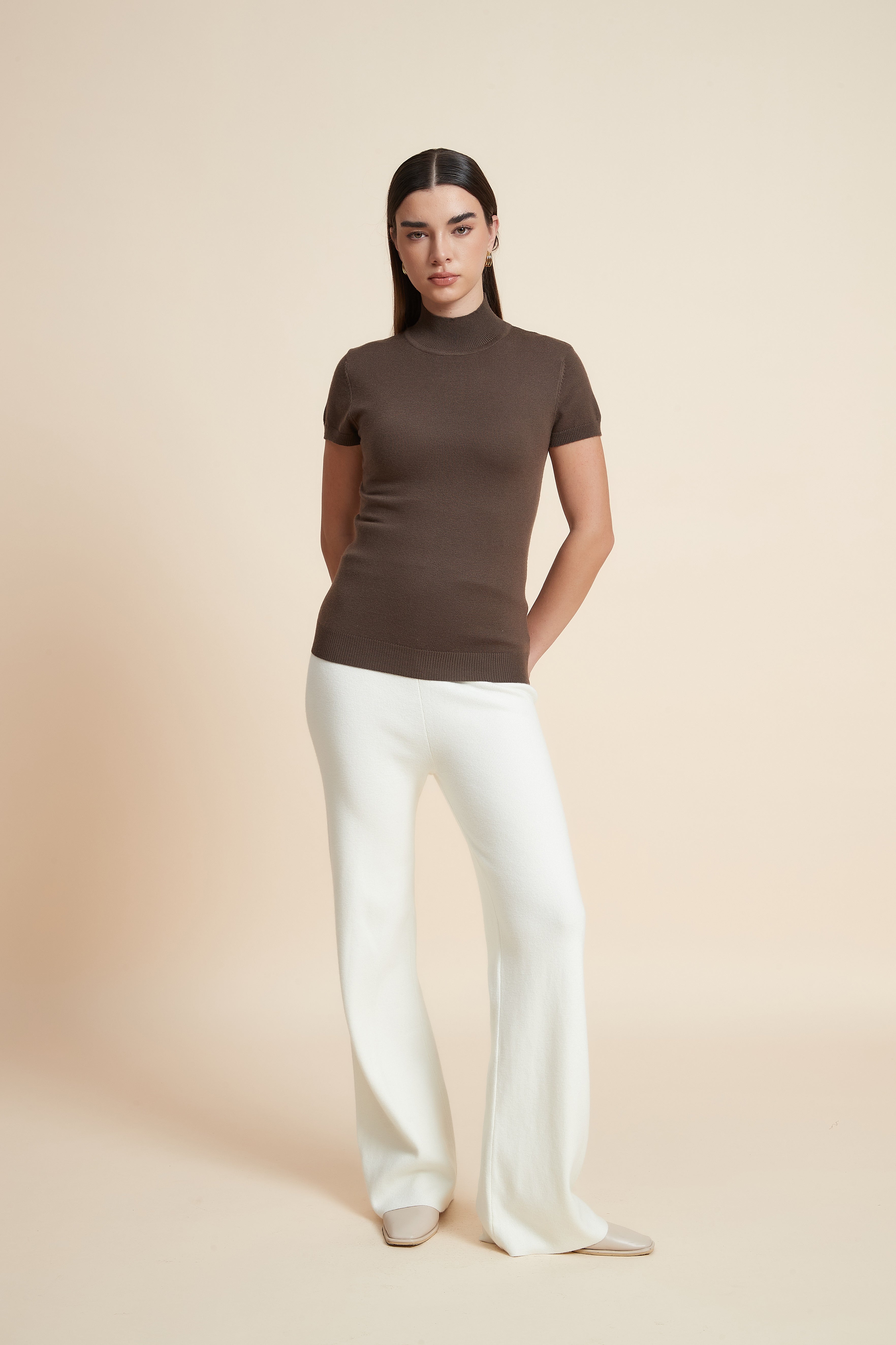 Solid Color High Neck Short Sleeve Blouse