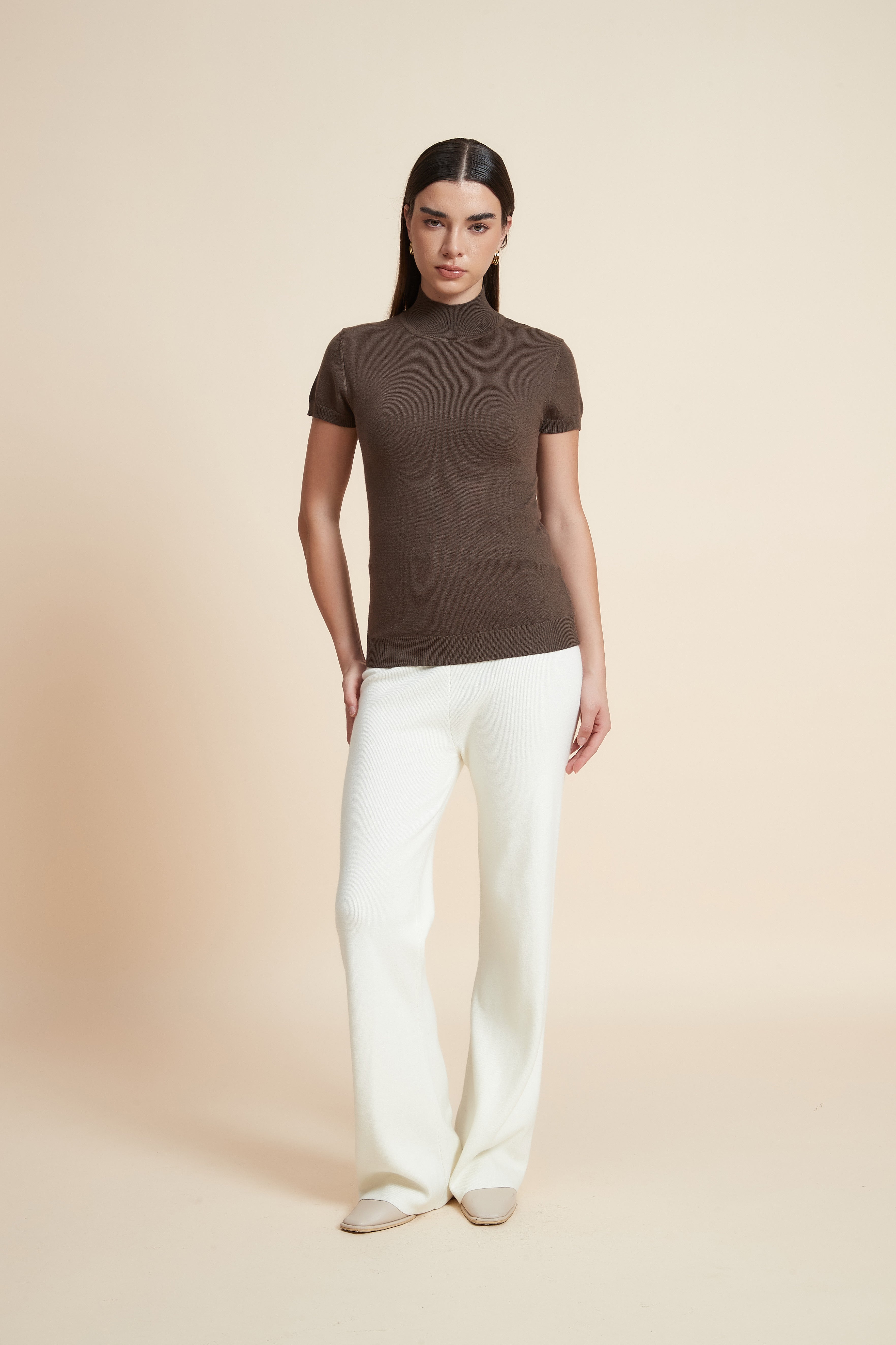 Solid Color High Neck Short Sleeve Blouse