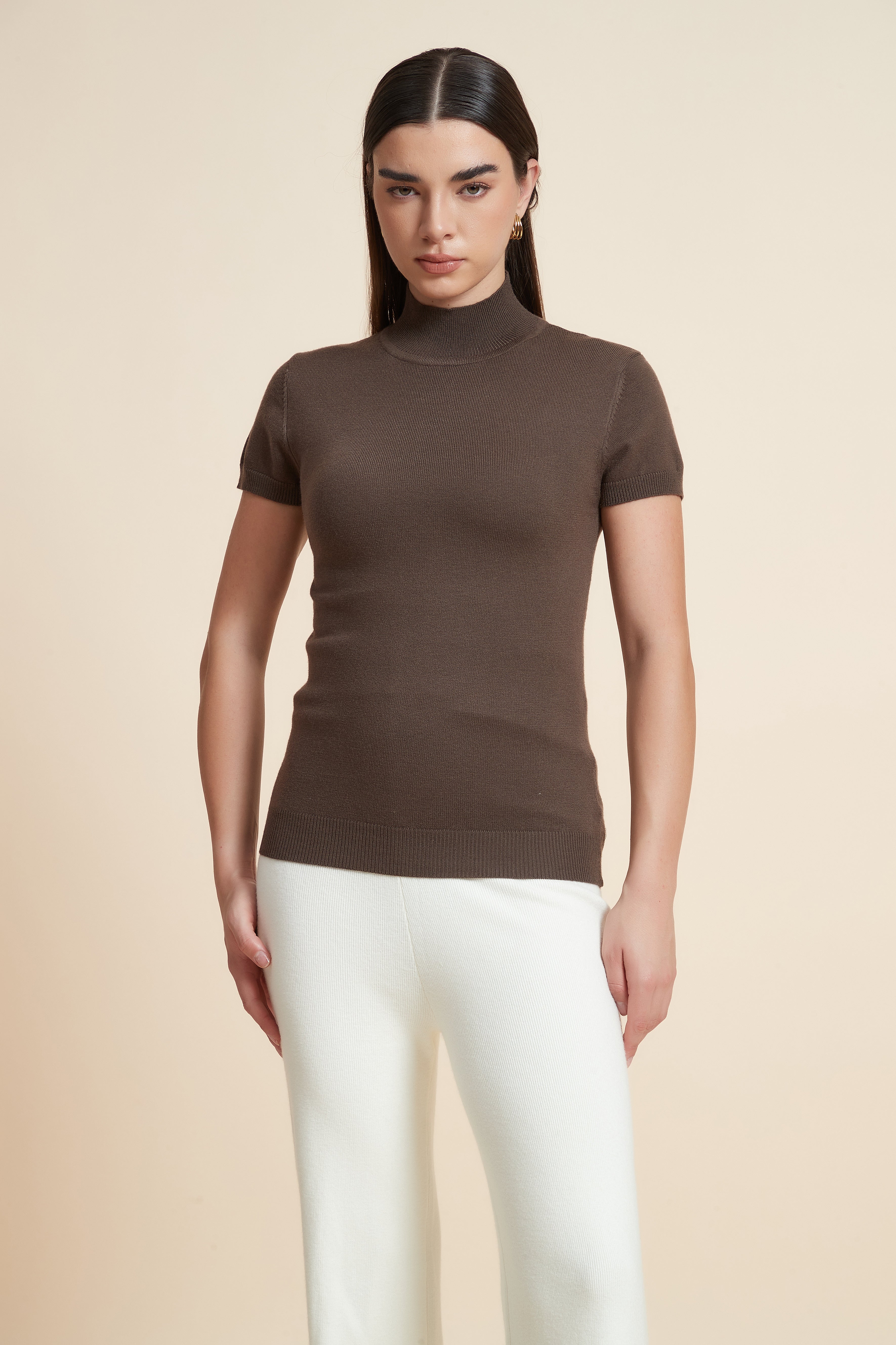 Solid Color High Neck Short Sleeve Blouse
