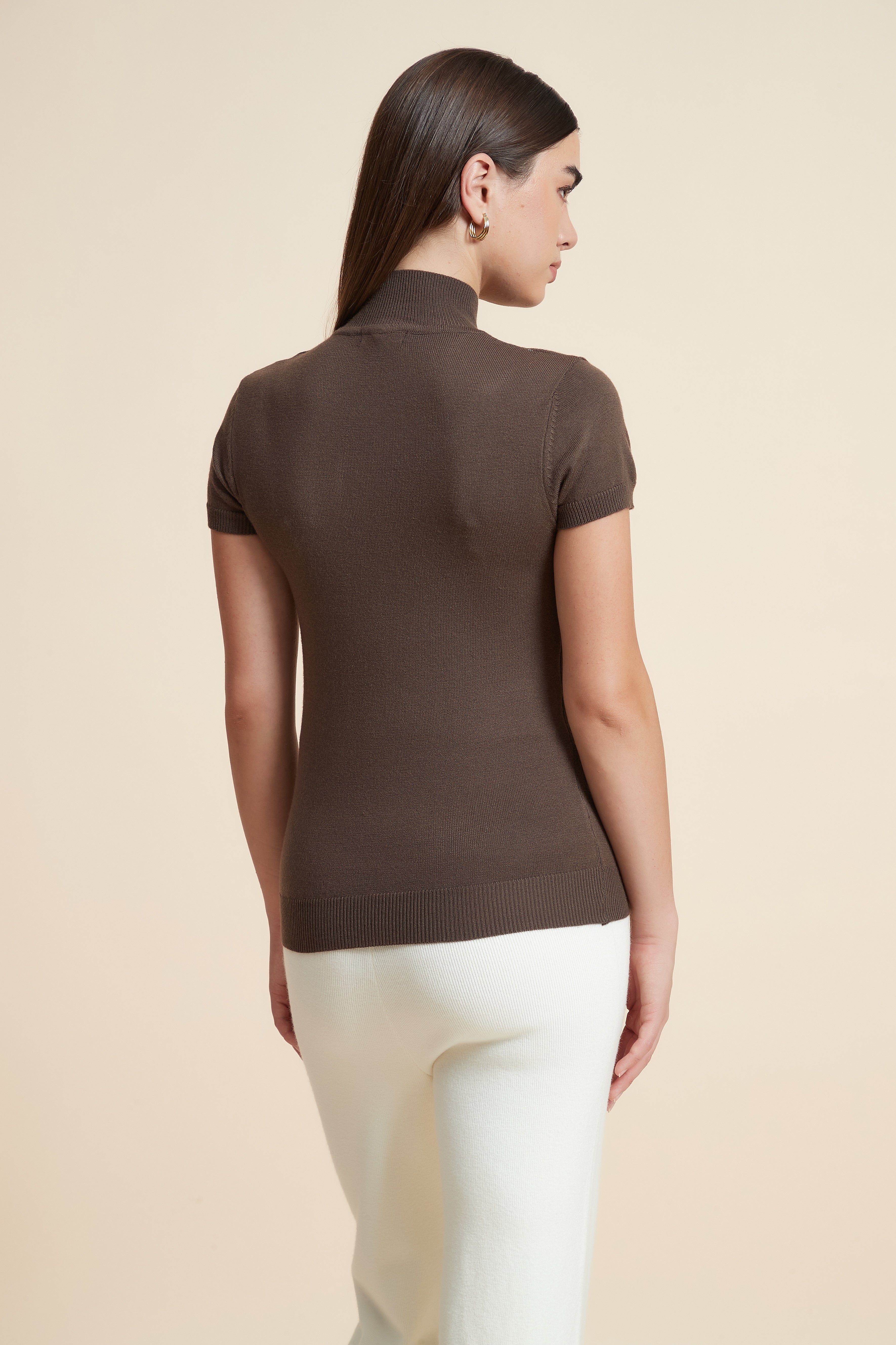 Solid Color High Neck Short Sleeve Blouse