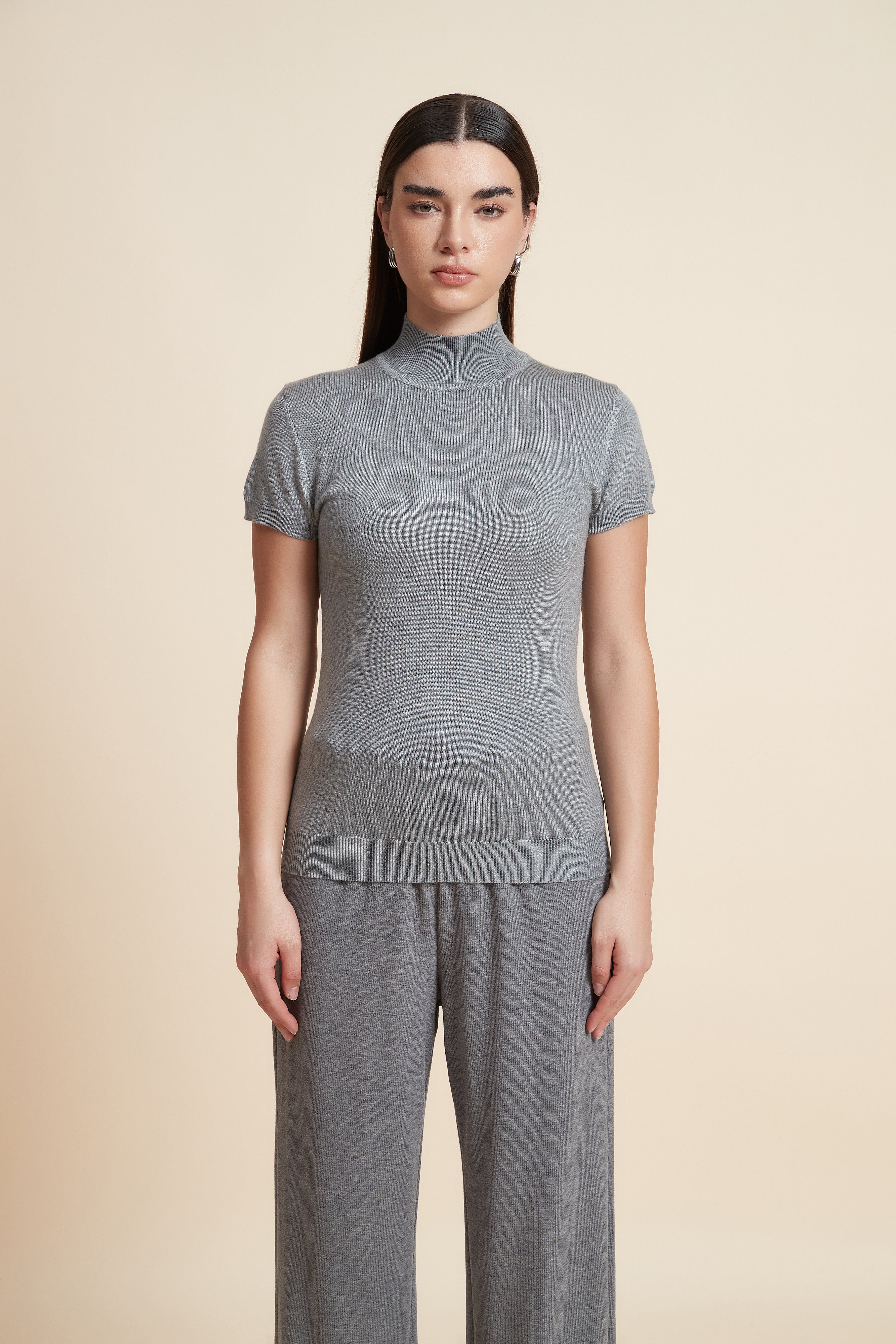 Solid Color High Neck Short Sleeve Blouse