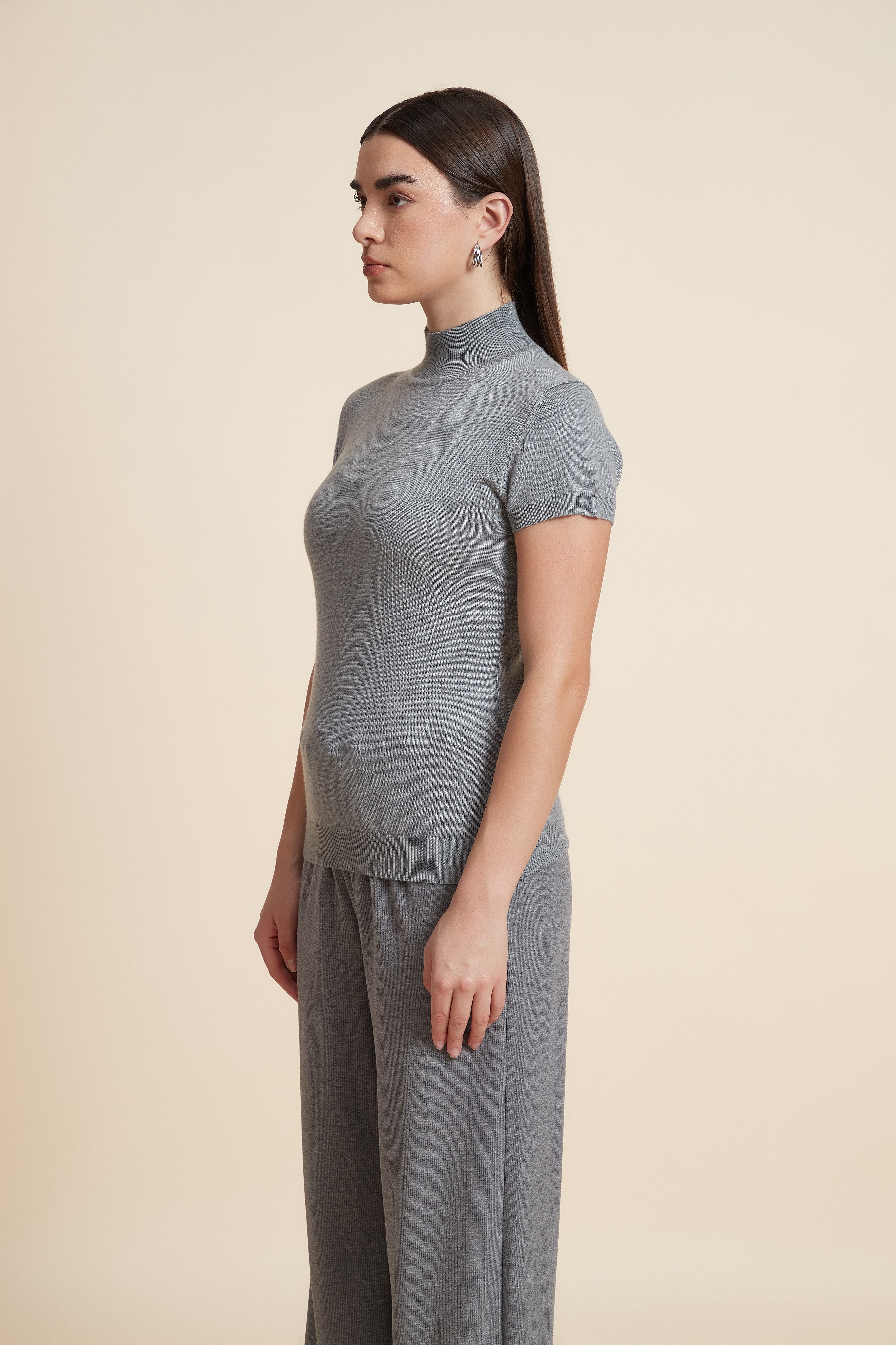 Solid Color High Neck Short Sleeve Blouse