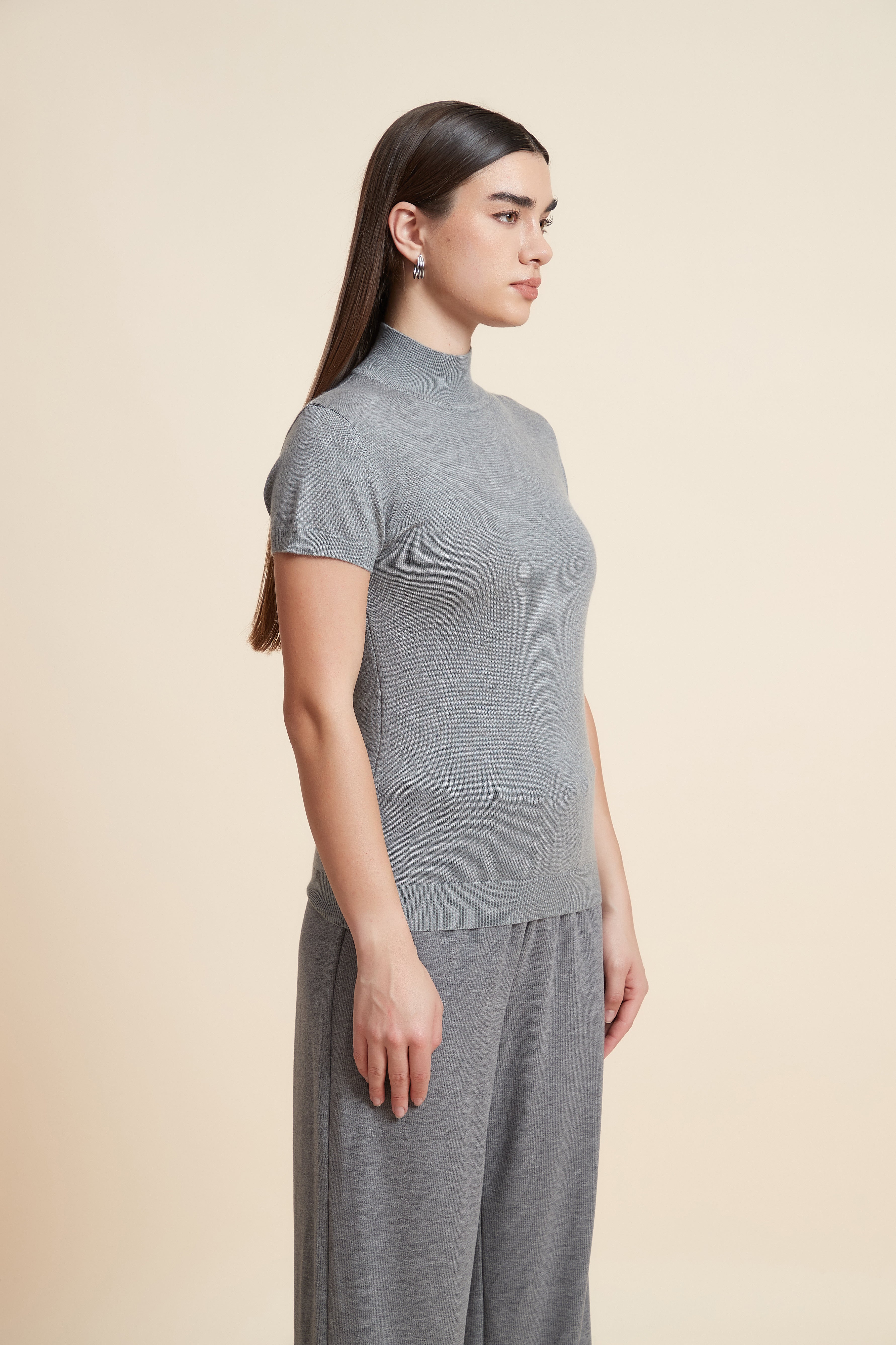 Solid Color High Neck Short Sleeve Blouse