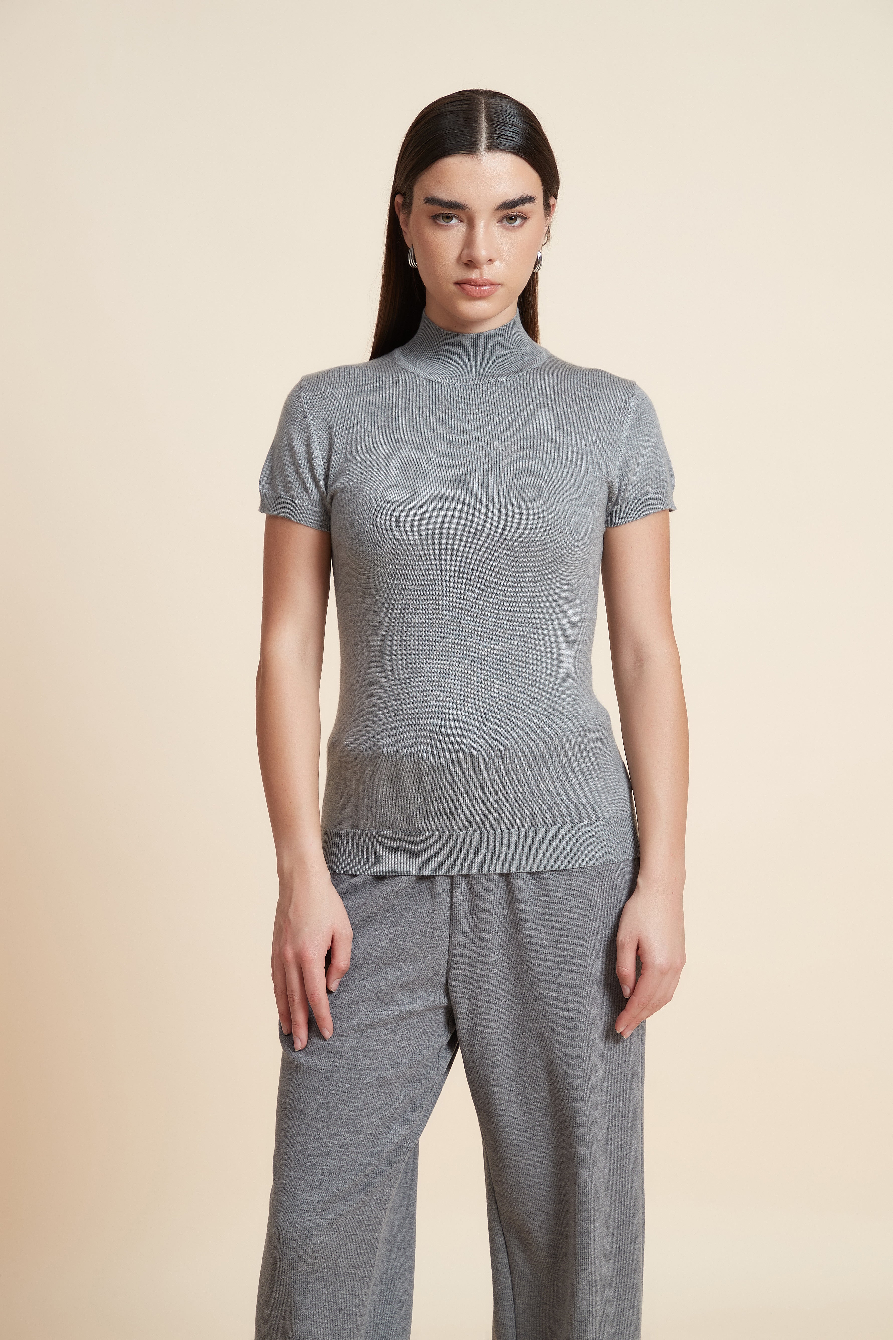 Solid Color High Neck Short Sleeve Blouse