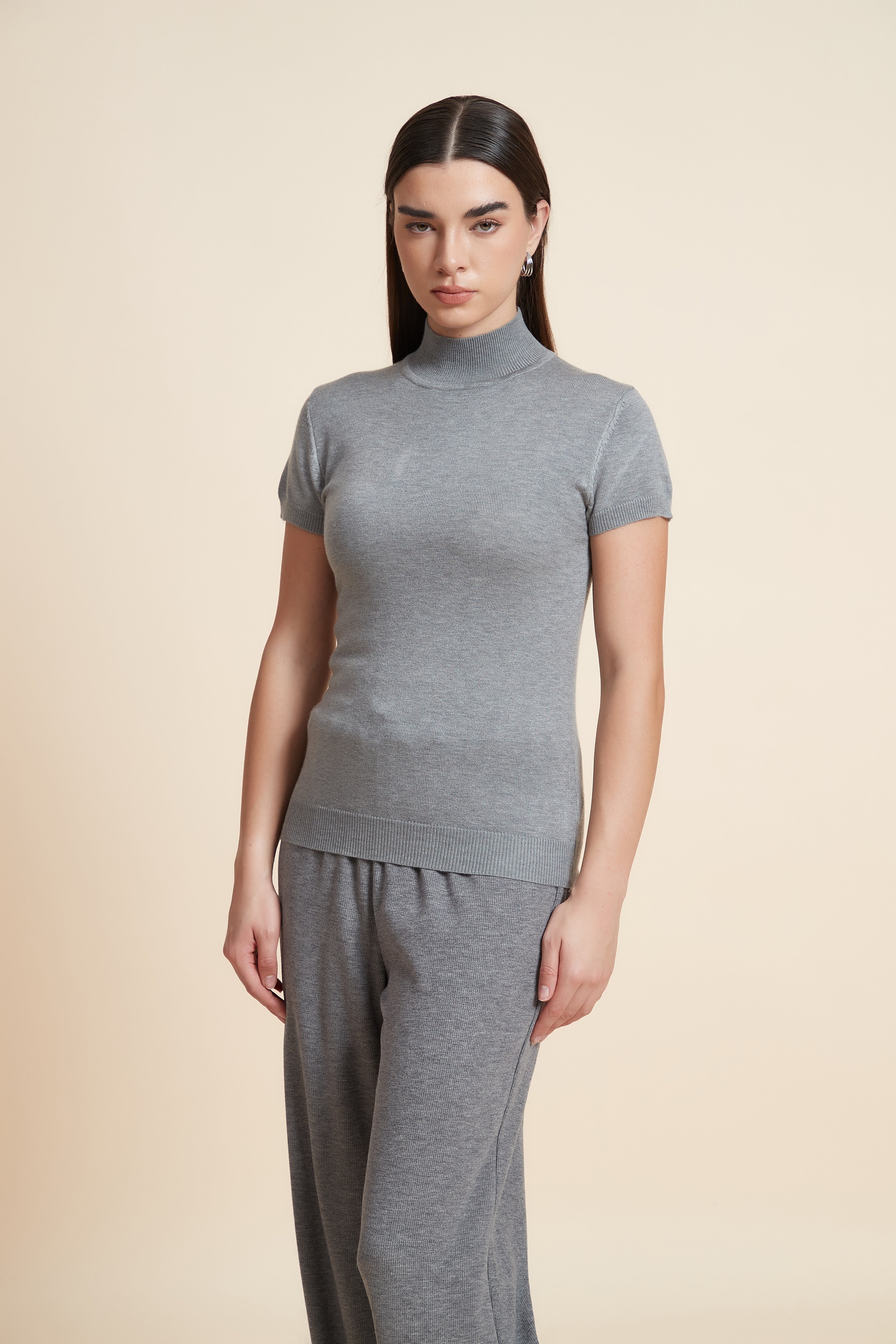 Solid Color High Neck Short Sleeve Blouse