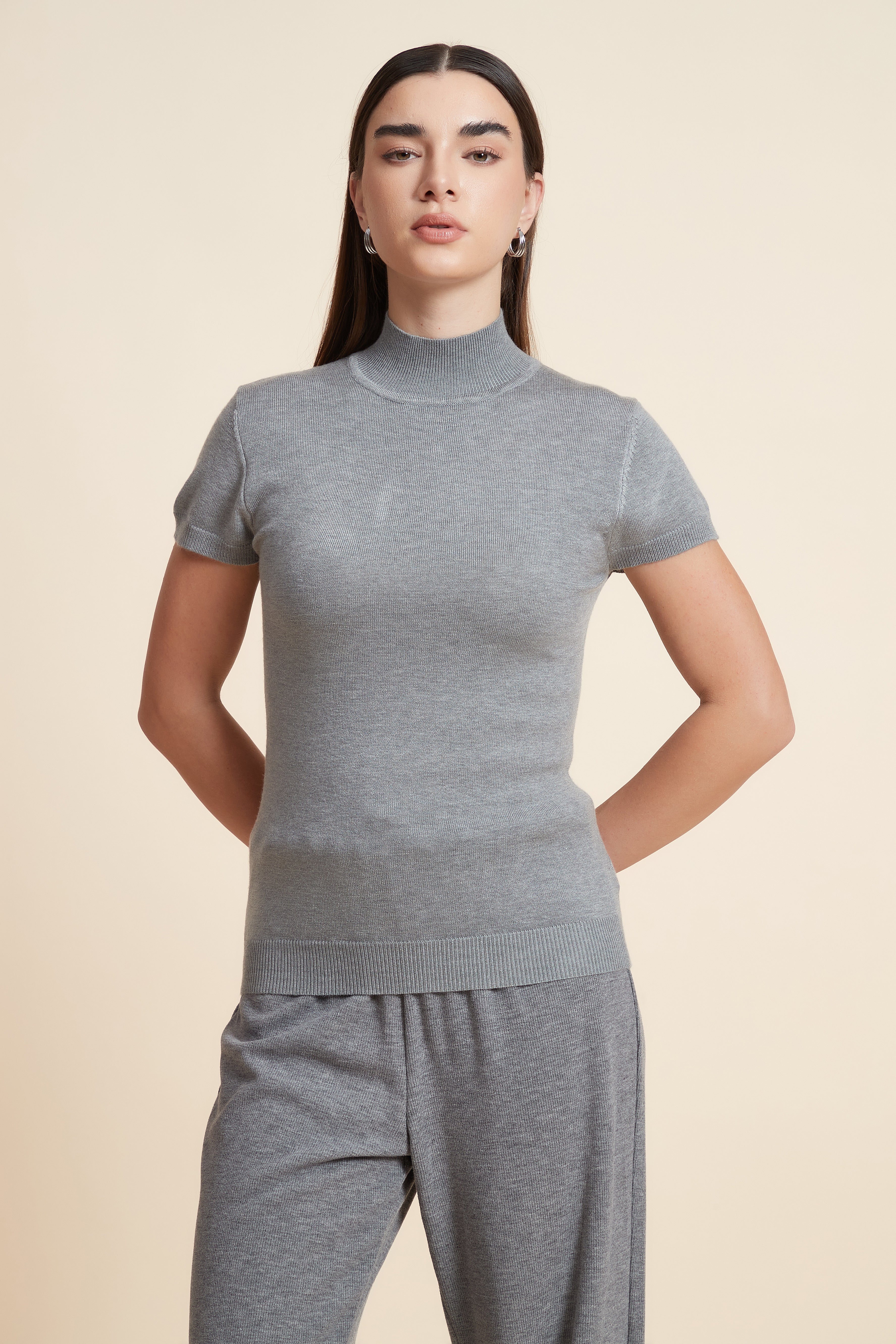 Solid Color High Neck Short Sleeve Blouse