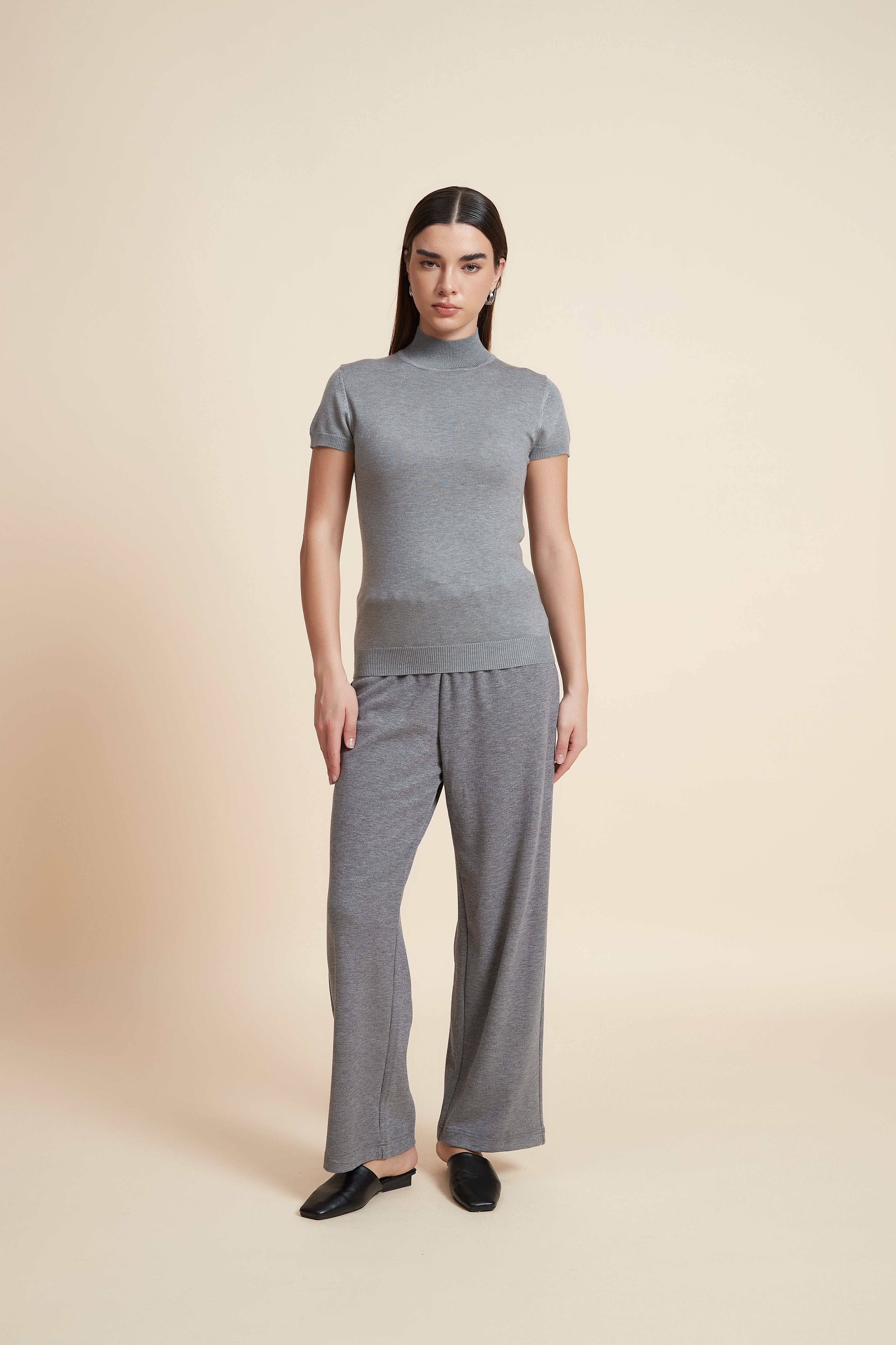 Solid Color High Neck Short Sleeve Blouse