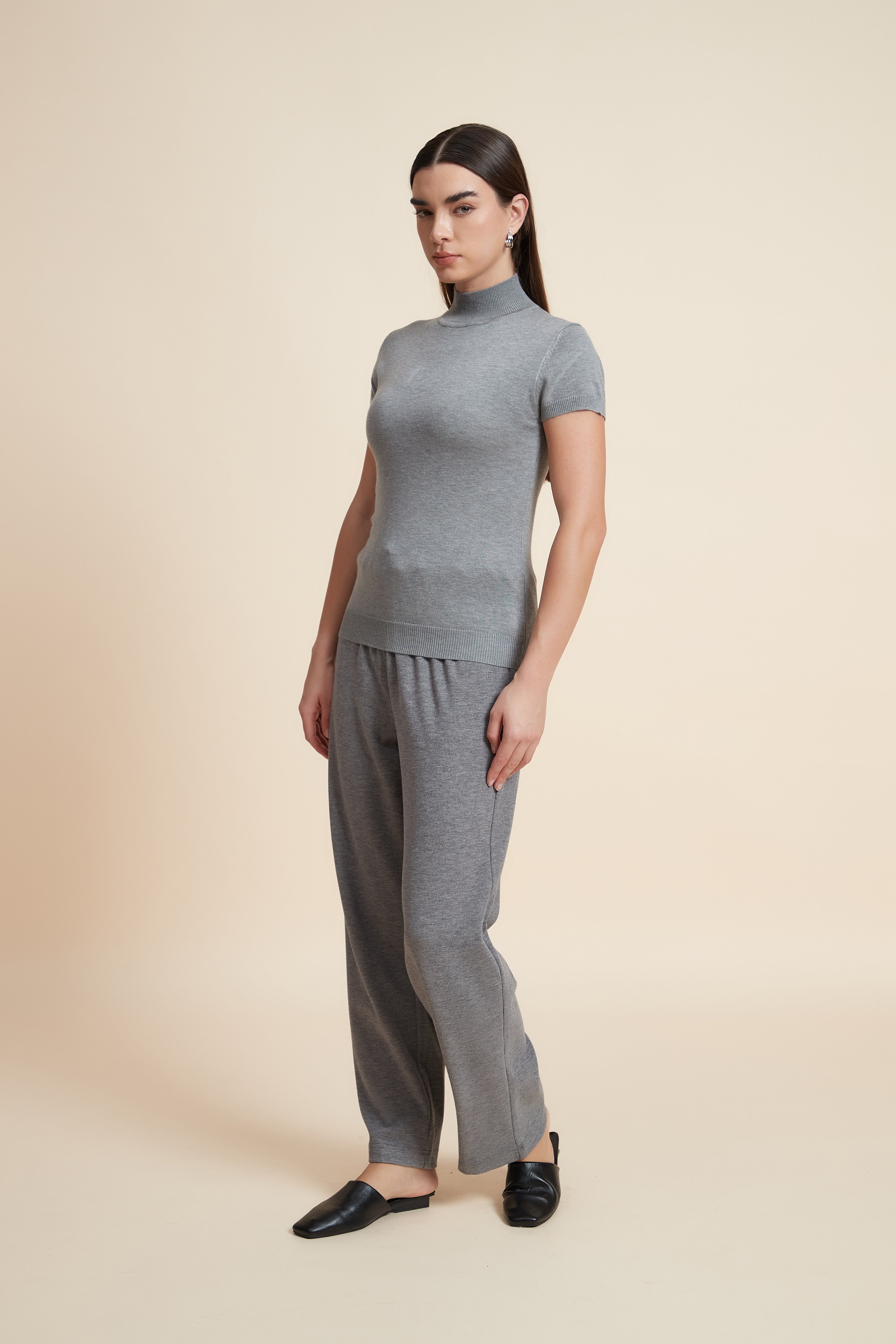 Solid Color High Neck Short Sleeve Blouse