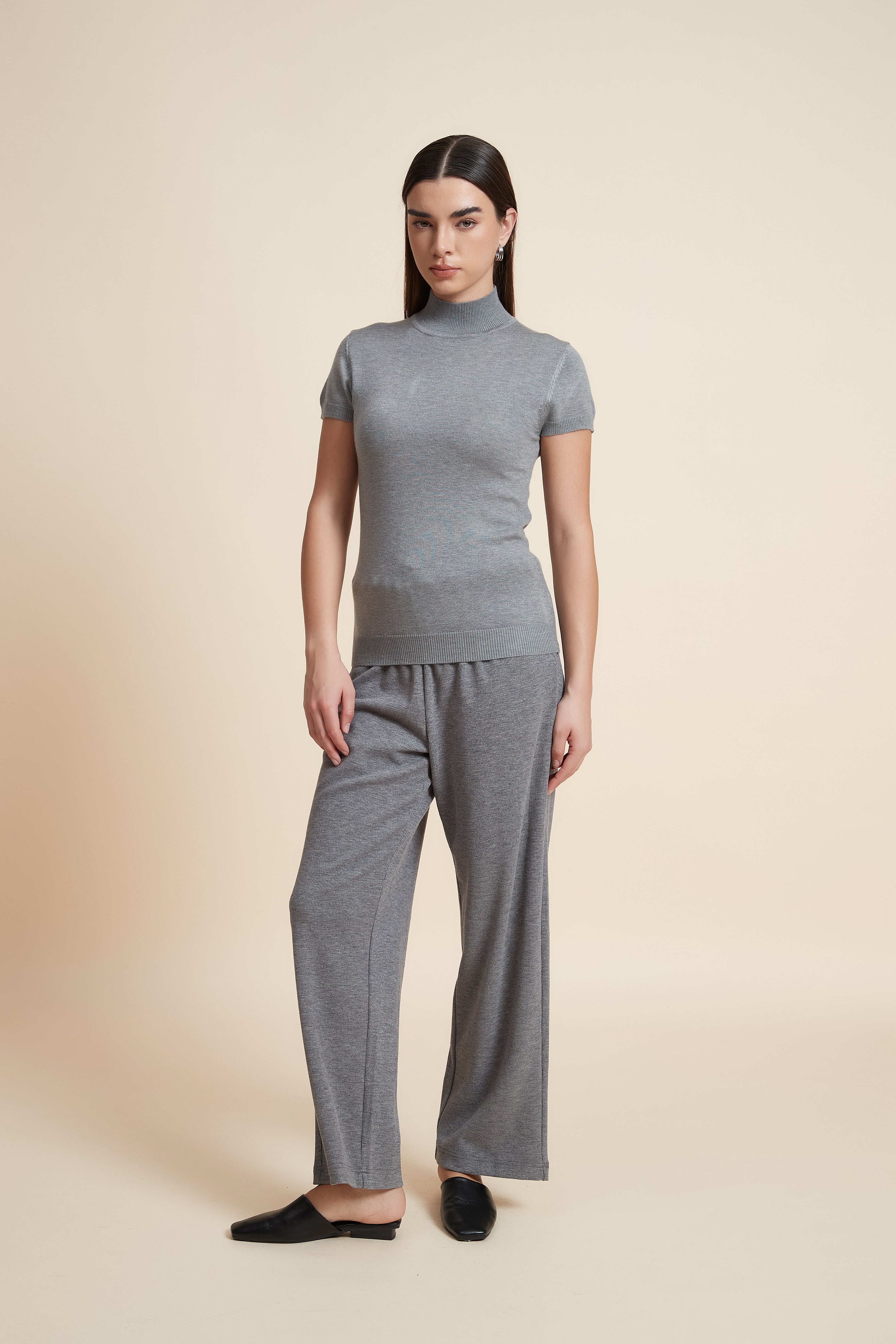 Solid Color High Neck Short Sleeve Blouse