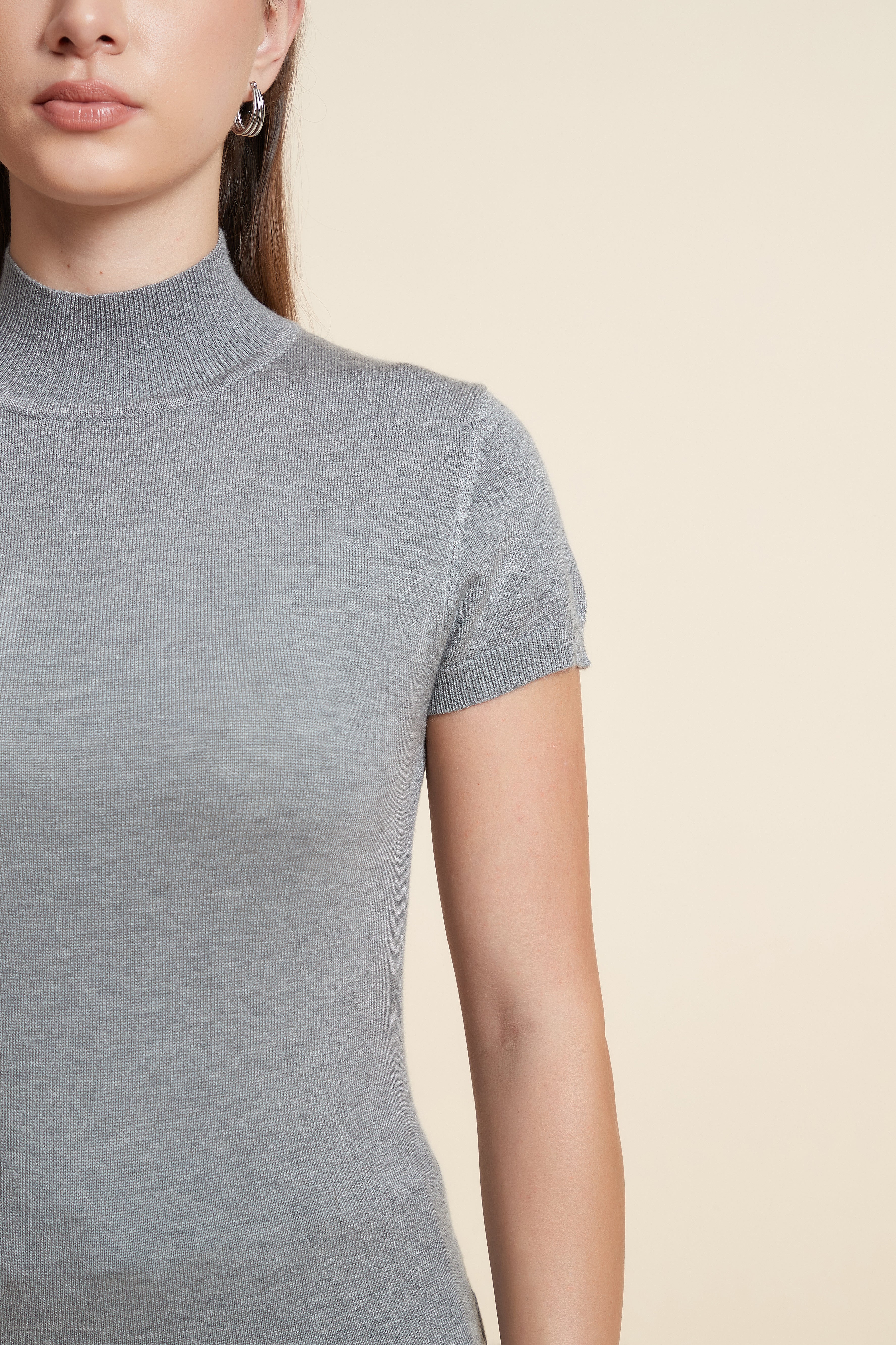 Solid Color High Neck Short Sleeve Blouse