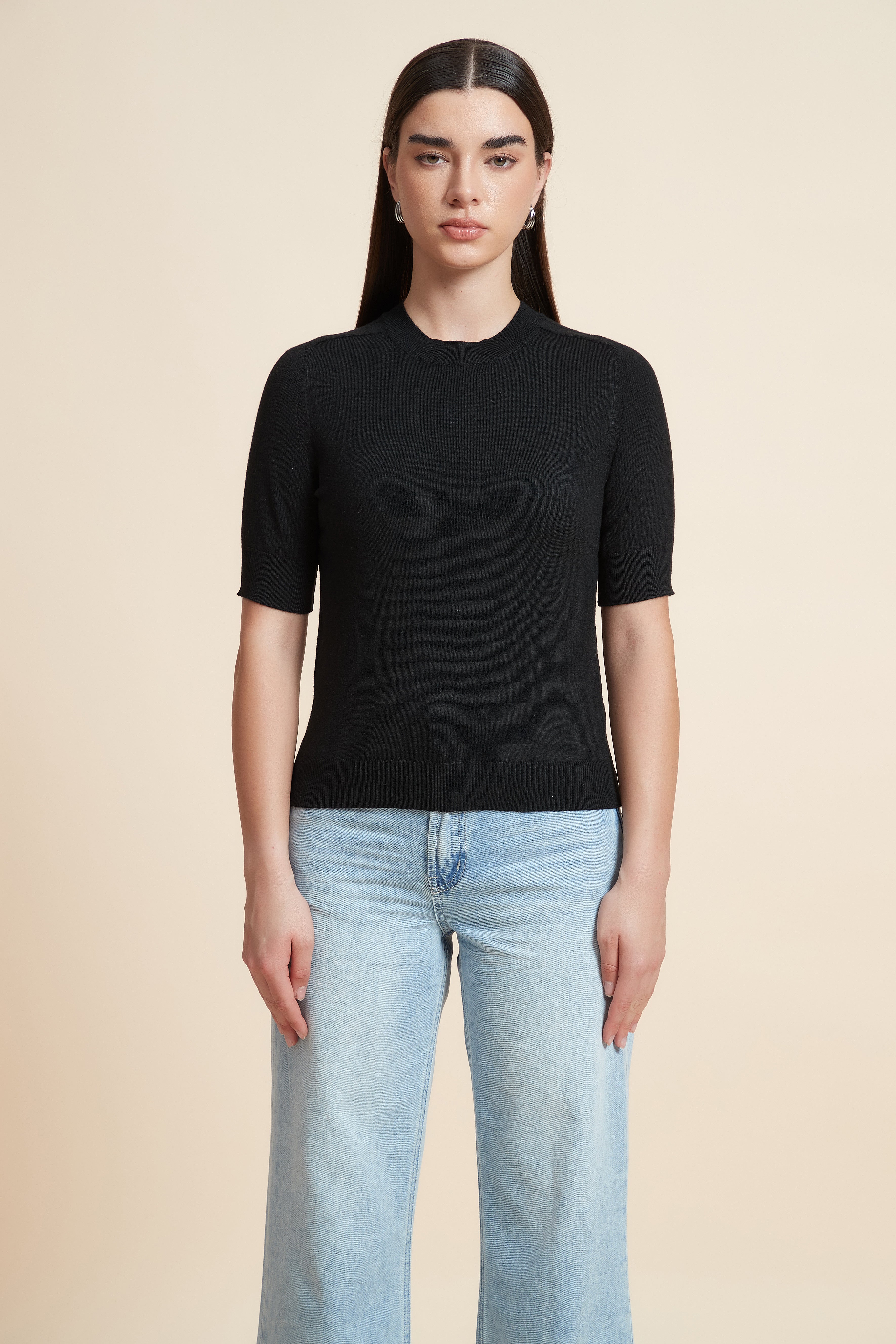 Plain Short Sleeve Top with Round Neck