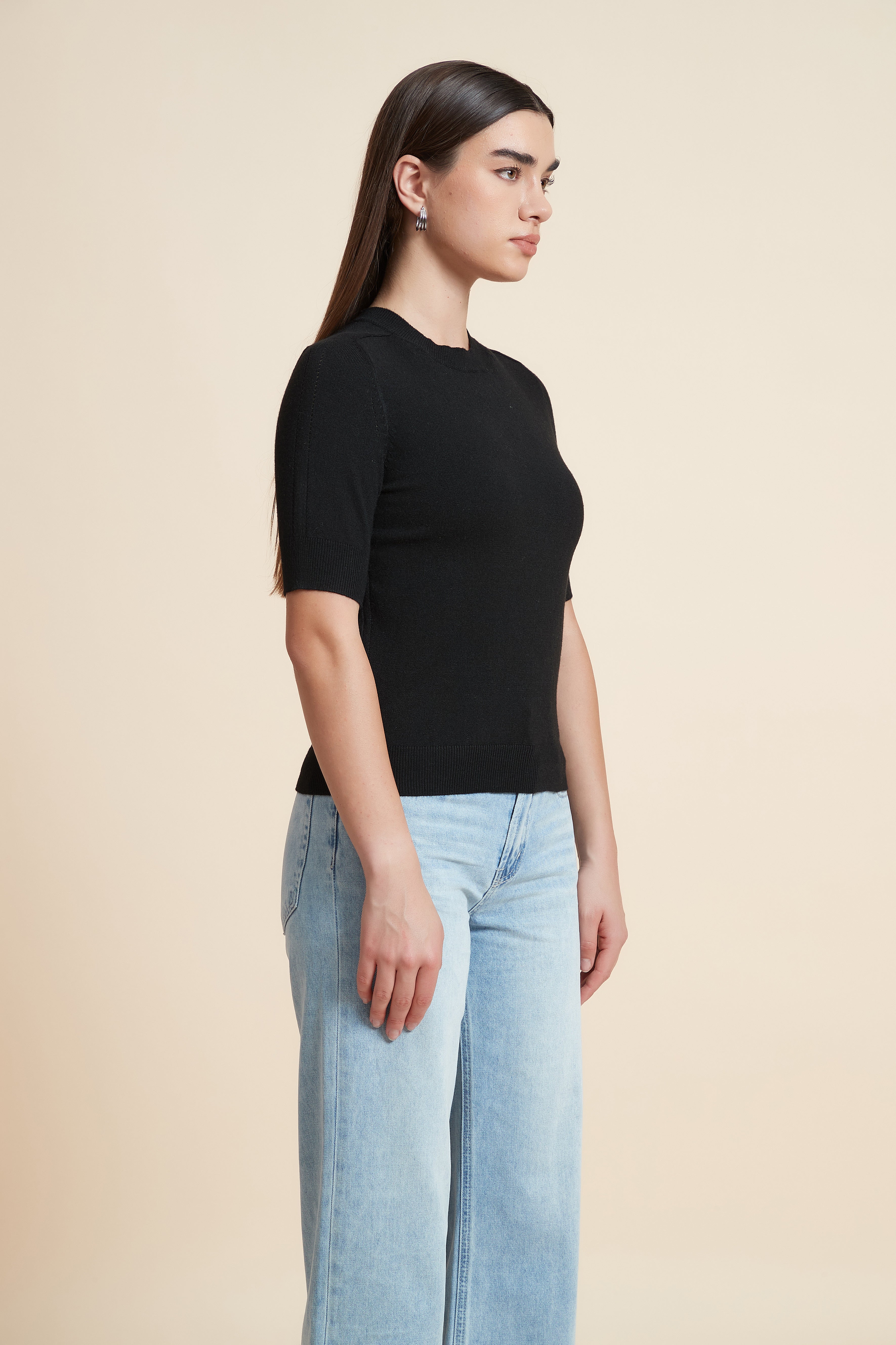 Plain Short Sleeve Top with Round Neck