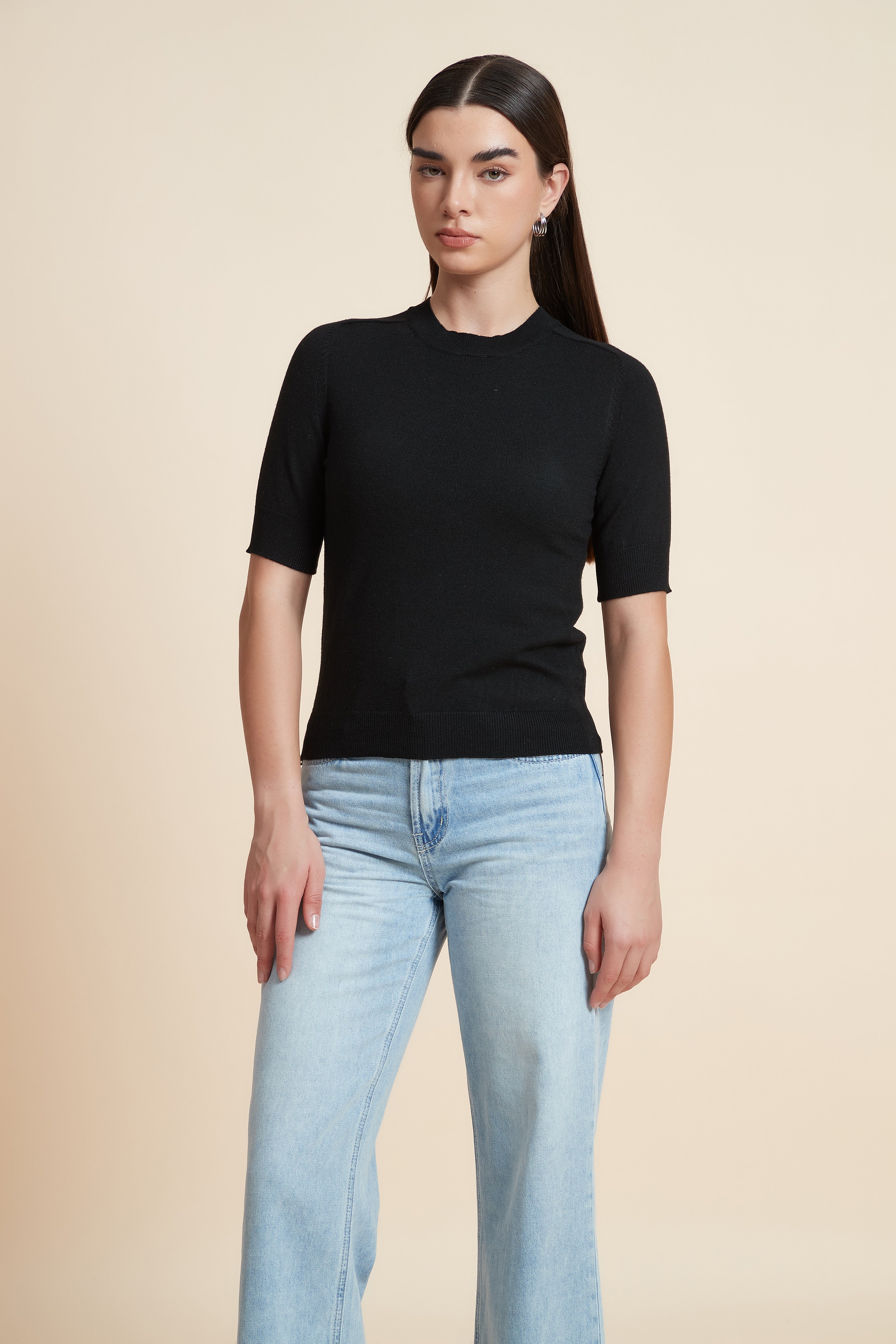 Plain Short Sleeve Top with Round Neck