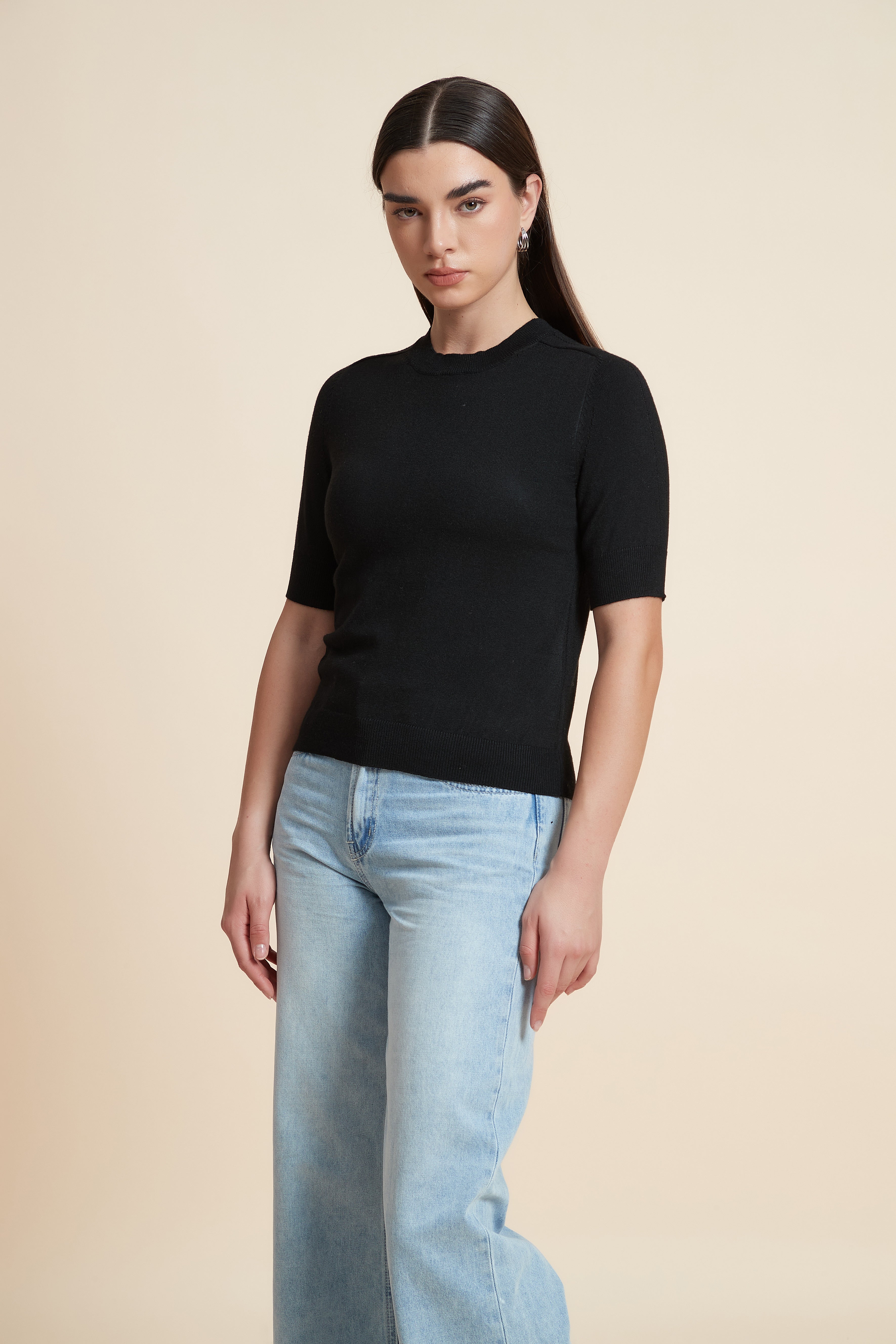 Plain Short Sleeve Top with Round Neck