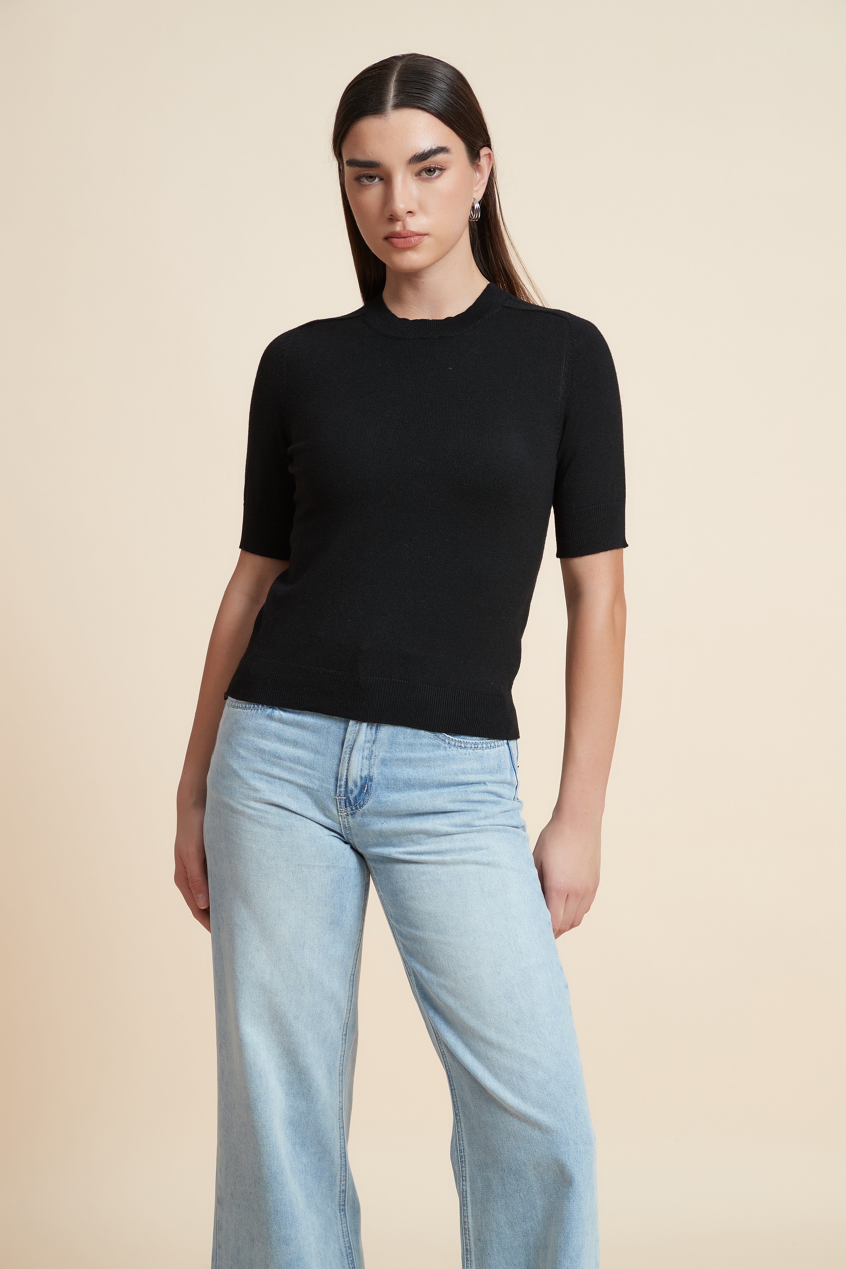 Plain Short Sleeve Top with Round Neck
