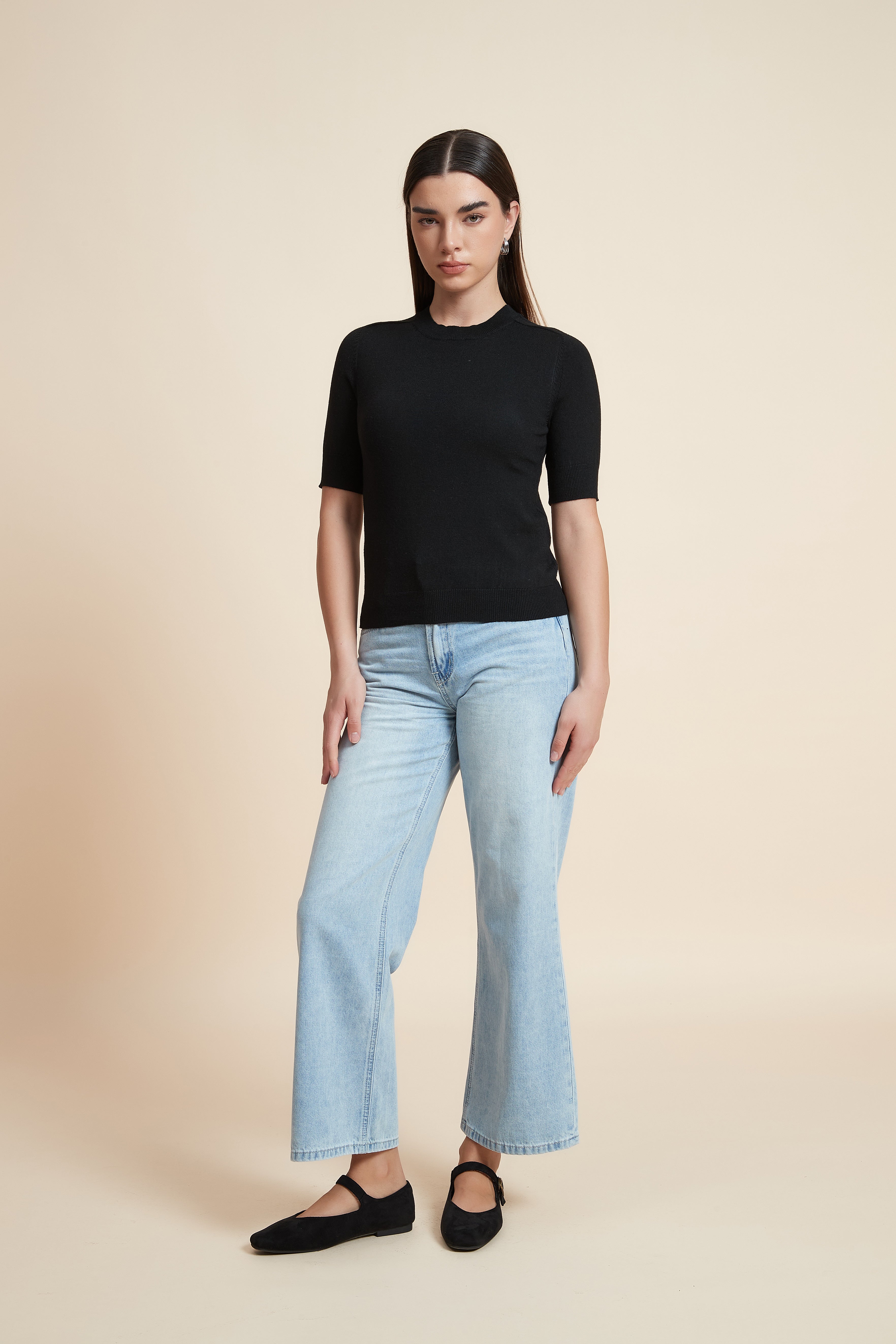 Plain Short Sleeve Top with Round Neck