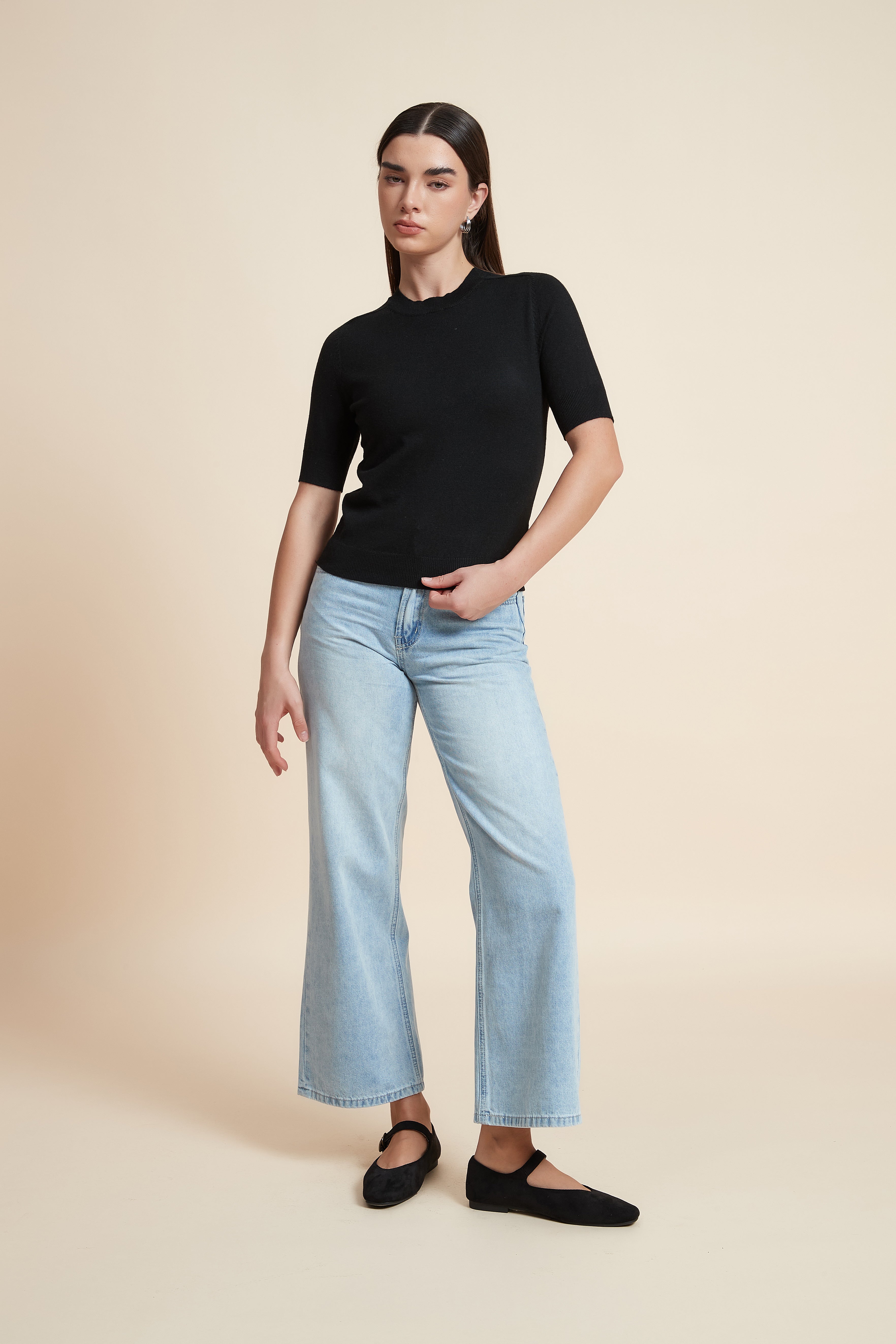 Plain Short Sleeve Top with Round Neck