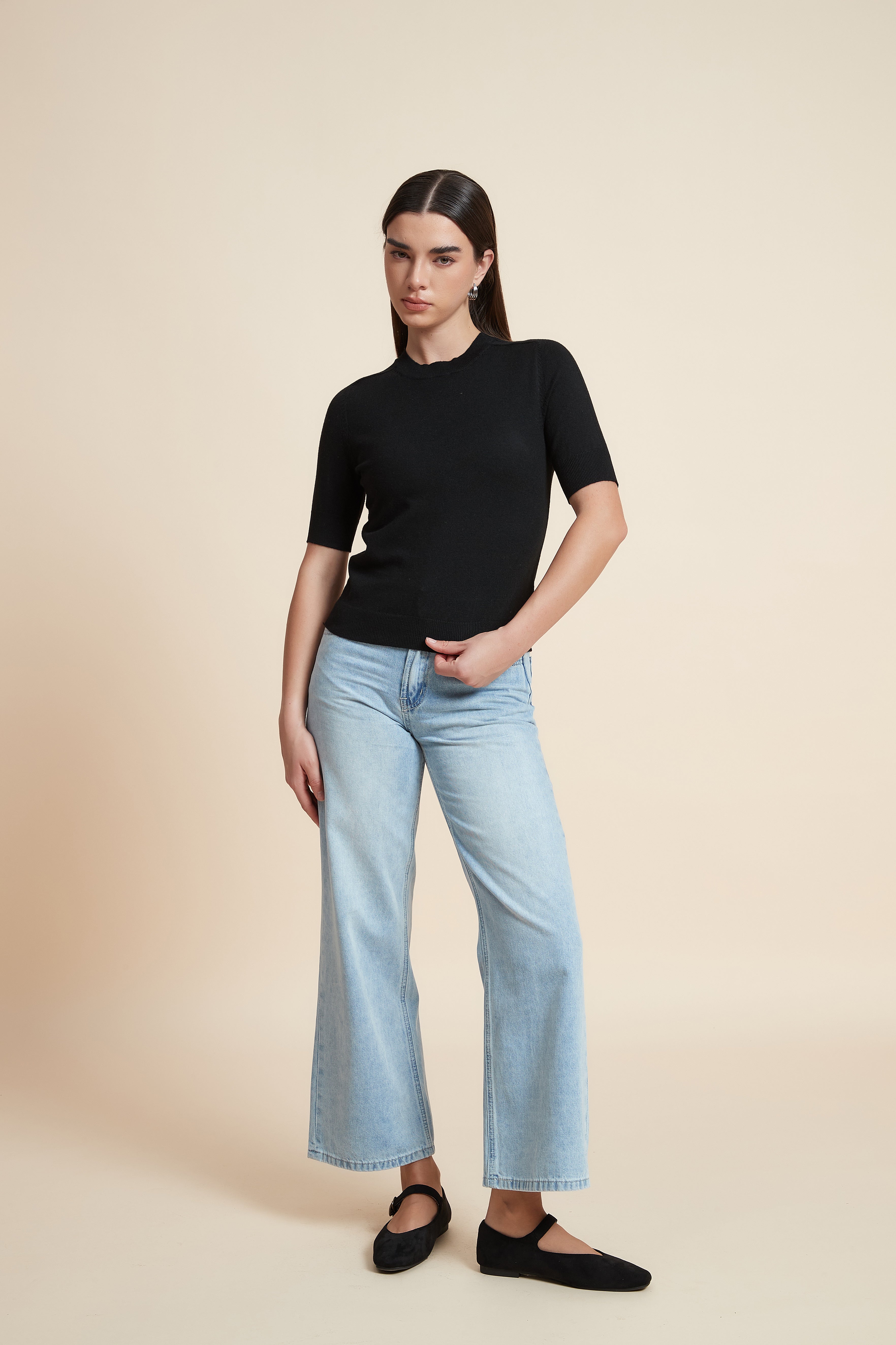 Plain Short Sleeve Top with Round Neck