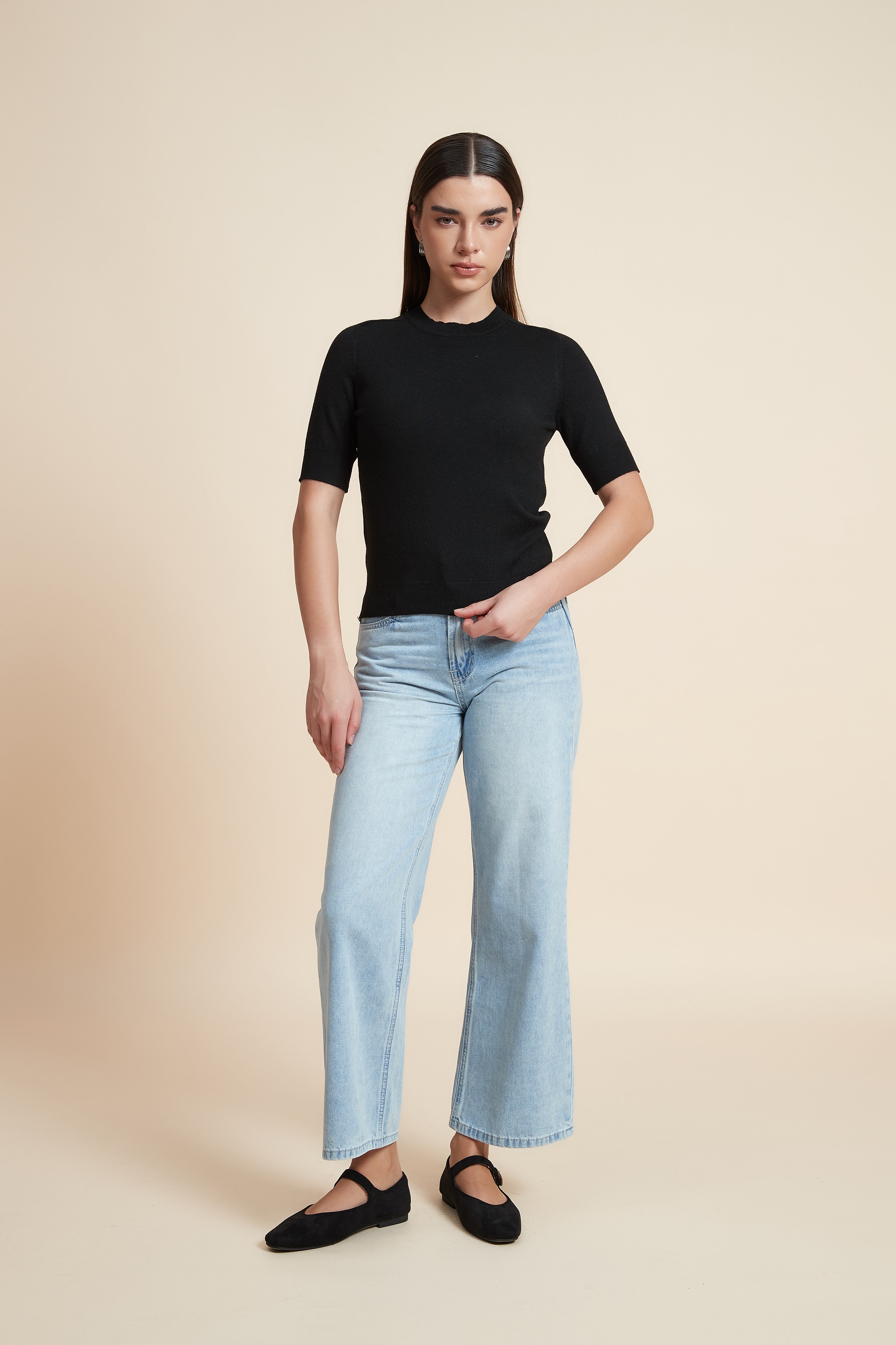 Plain Short Sleeve Top with Round Neck