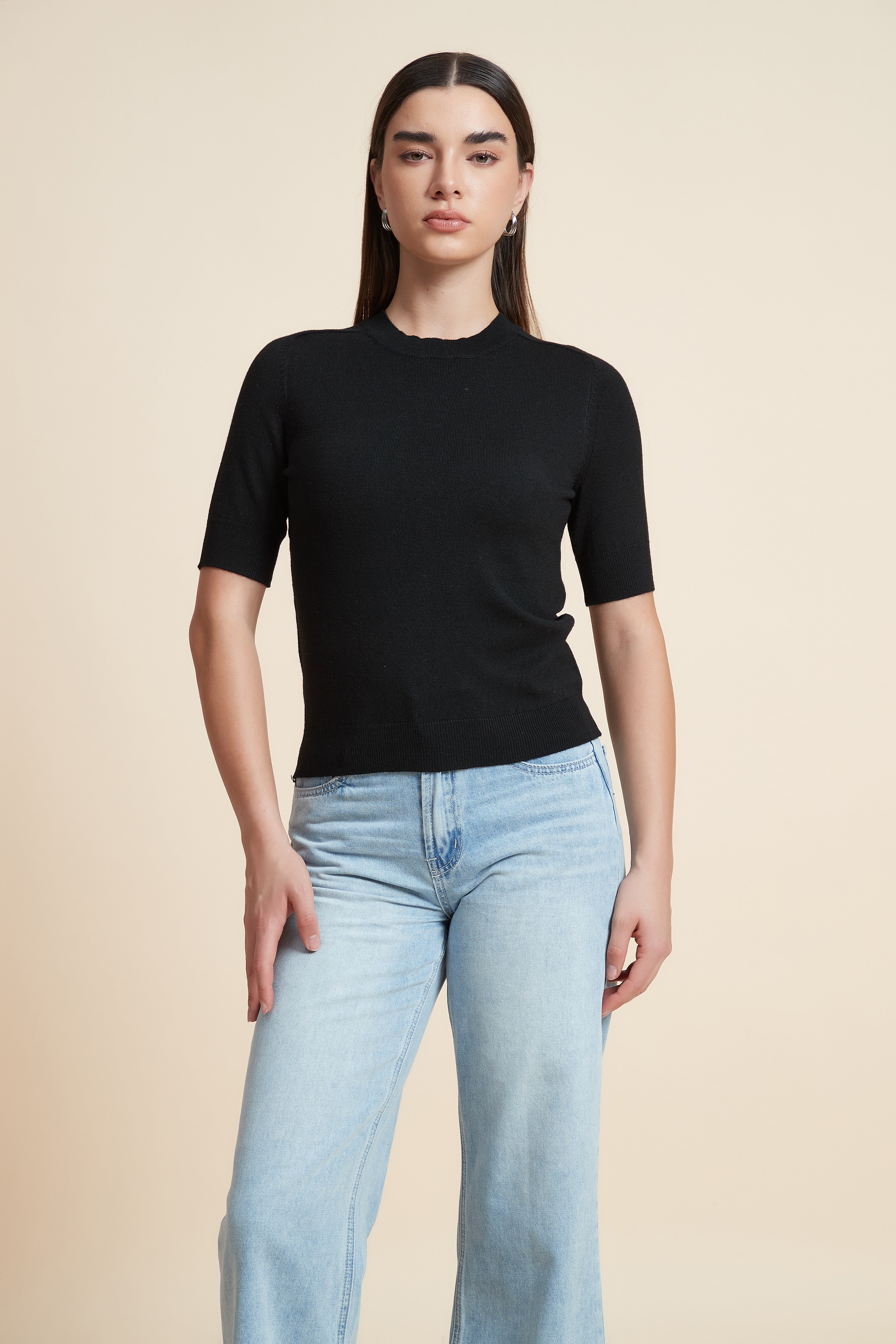 Plain Short Sleeve Top with Round Neck