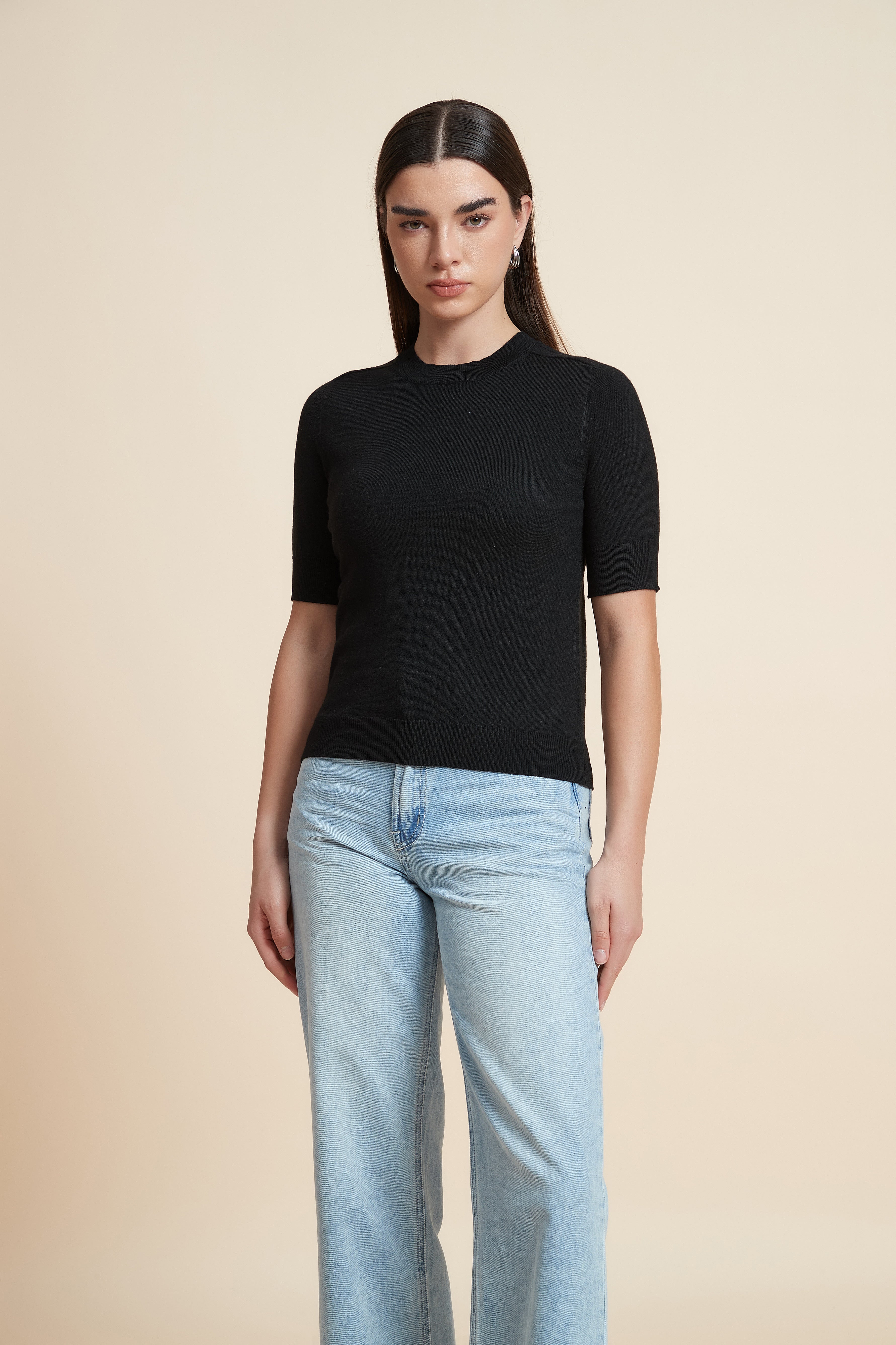 Plain Short Sleeve Top with Round Neck