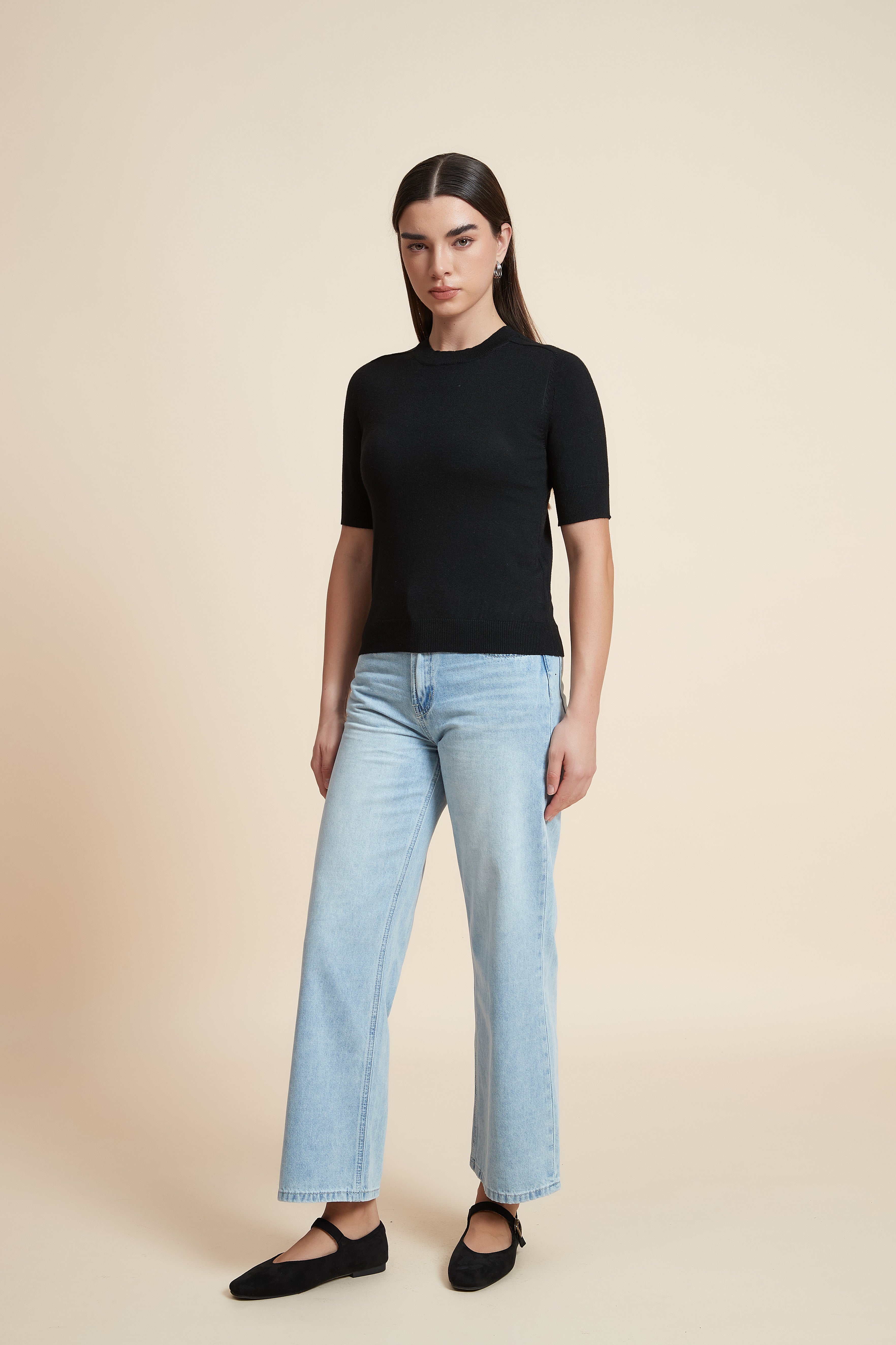 Plain Short Sleeve Top with Round Neck