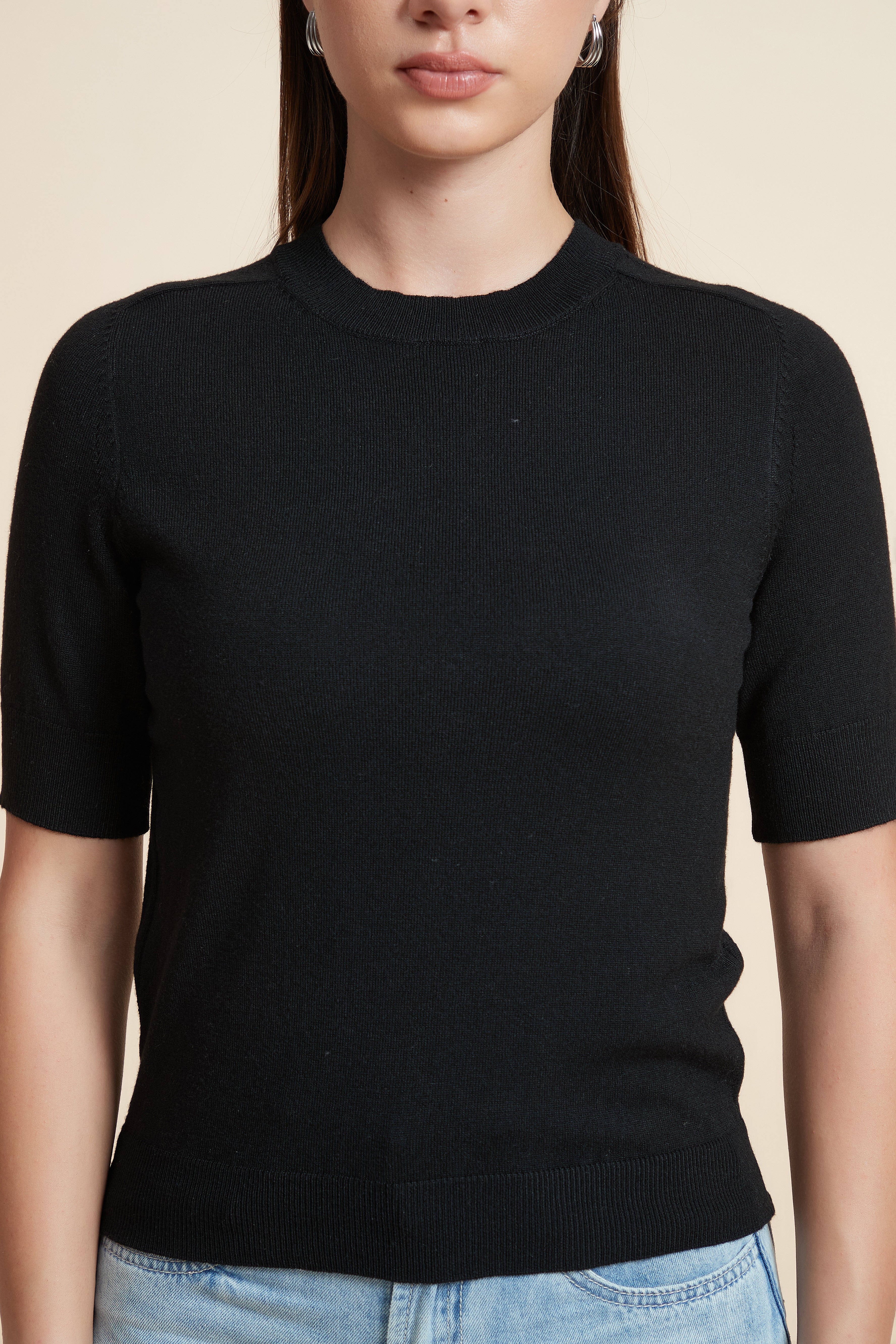 Plain Short Sleeve Top with Round Neck