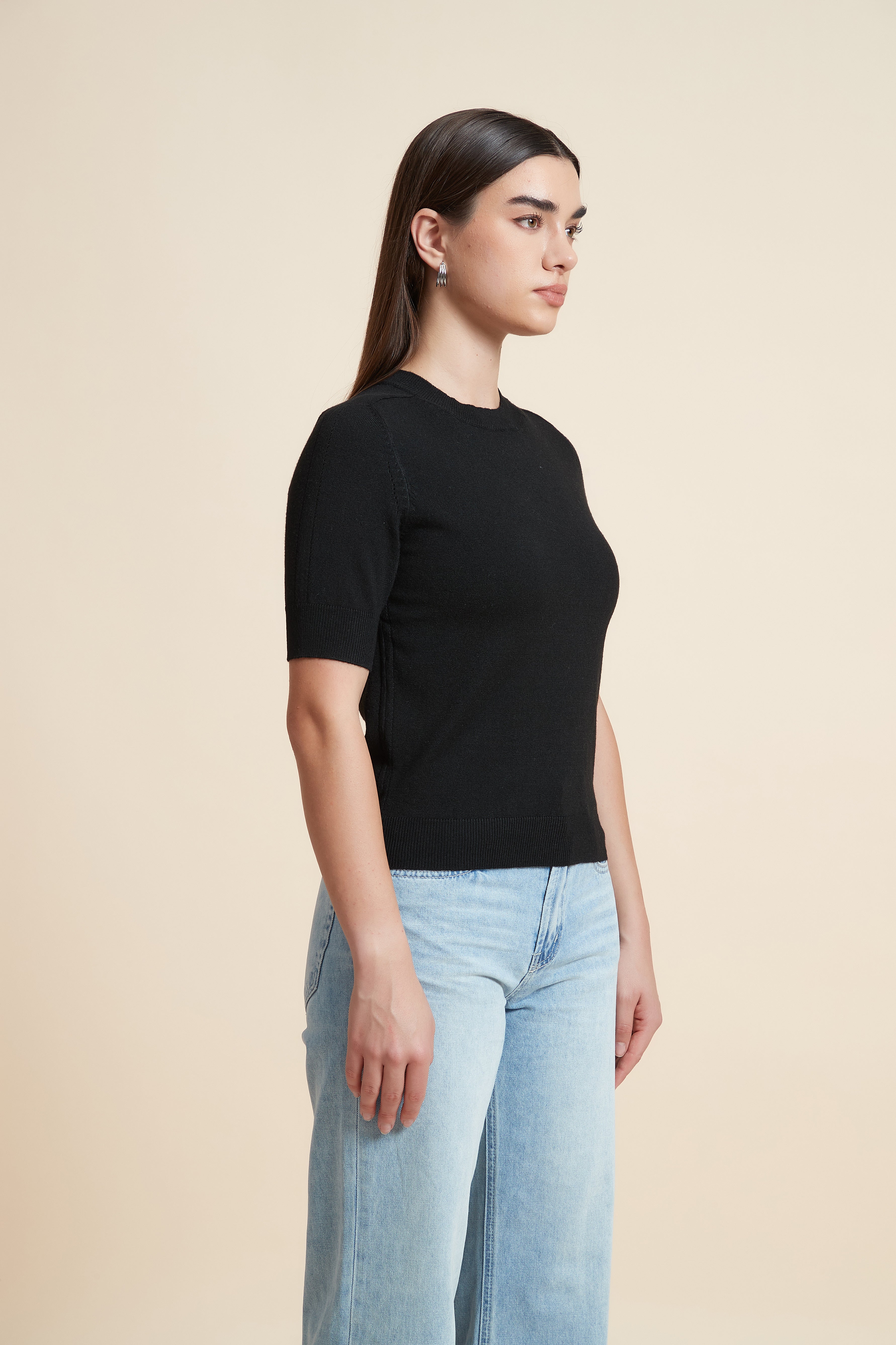 Plain Short Sleeve Top with Round Neck