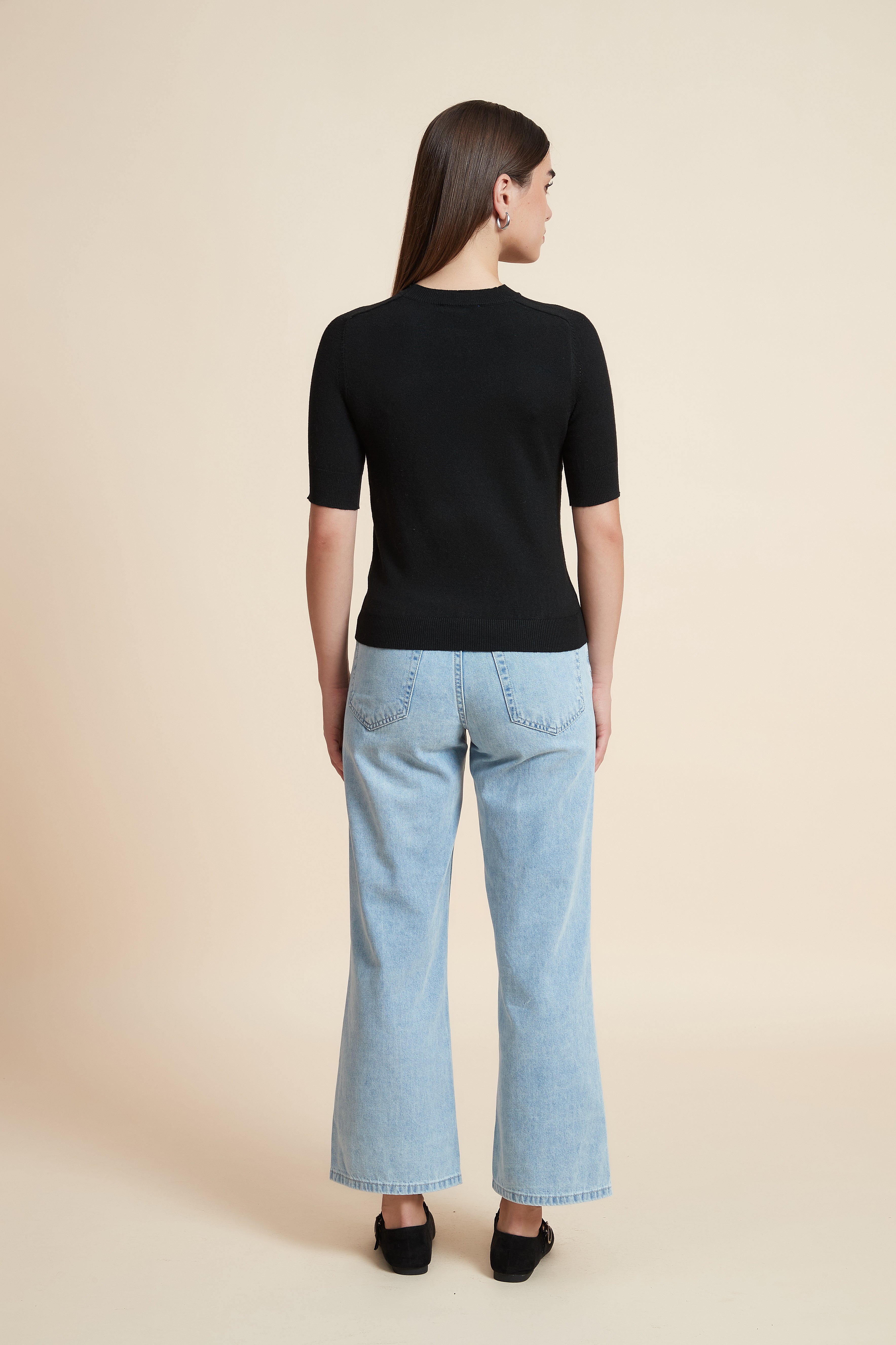 Plain Short Sleeve Top with Round Neck