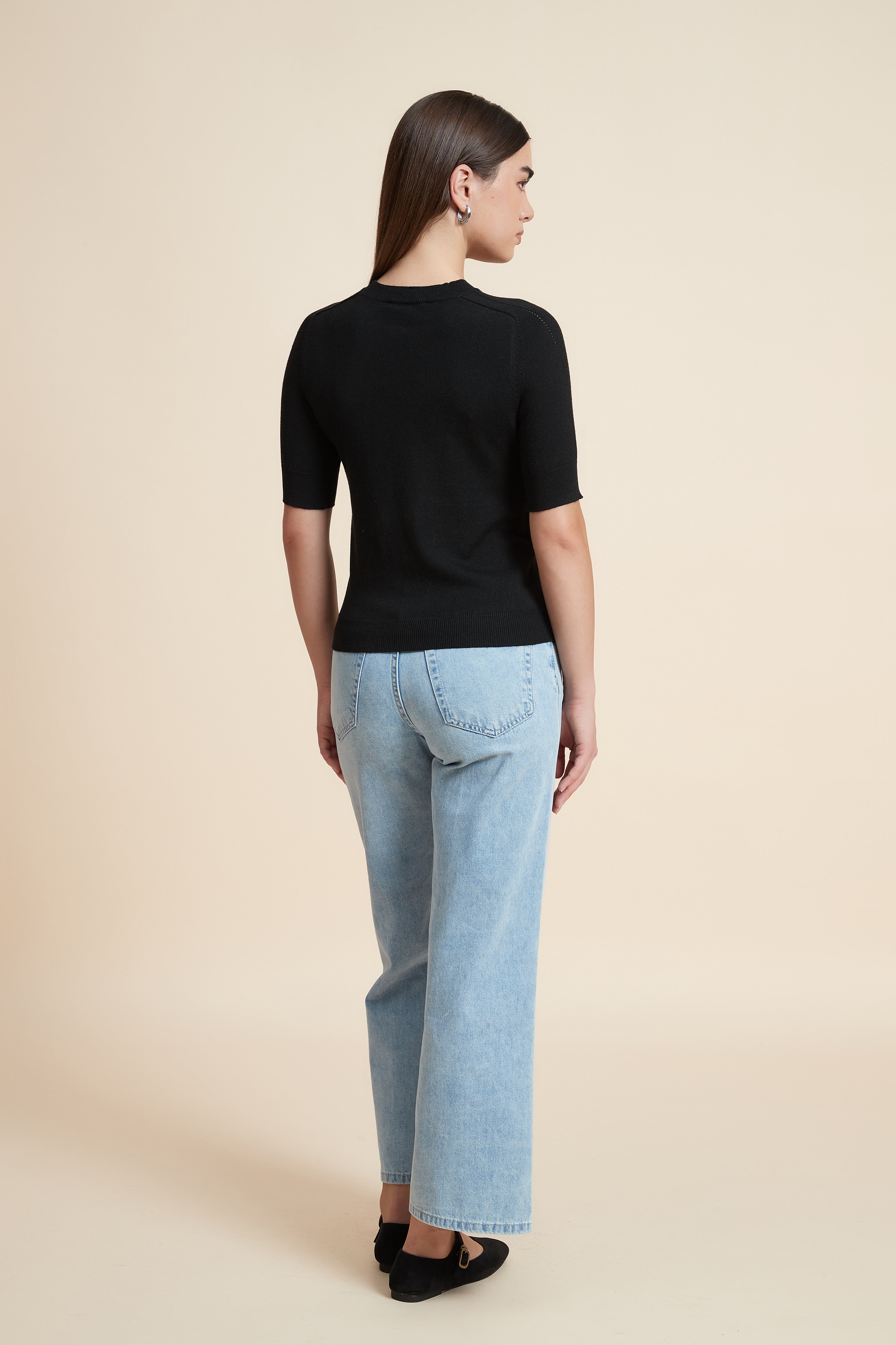 Plain Short Sleeve Top with Round Neck